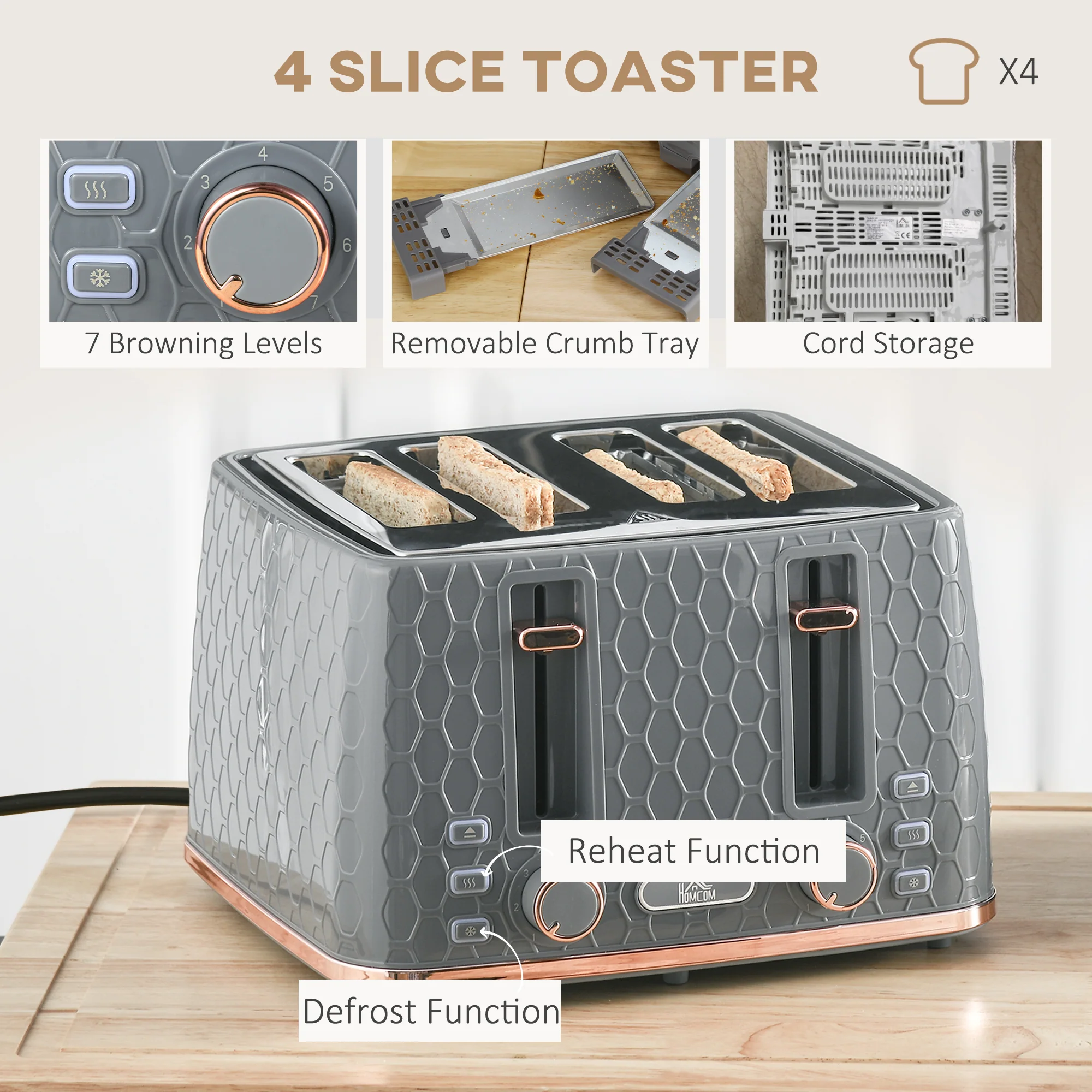 HOMCOM 1.7L Kettle and Toaster Set with Defrost, Reheat and Crumb Tray, Grey - Image 4