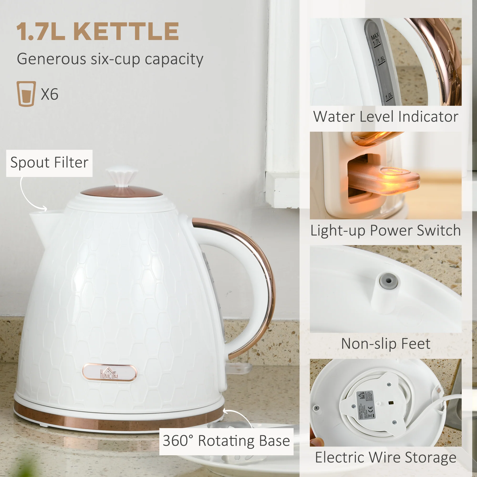 HOMCOM 1.7L Kettle and Toaster Set with Defrost, Reheat and Crumb Tray, White - Image 3