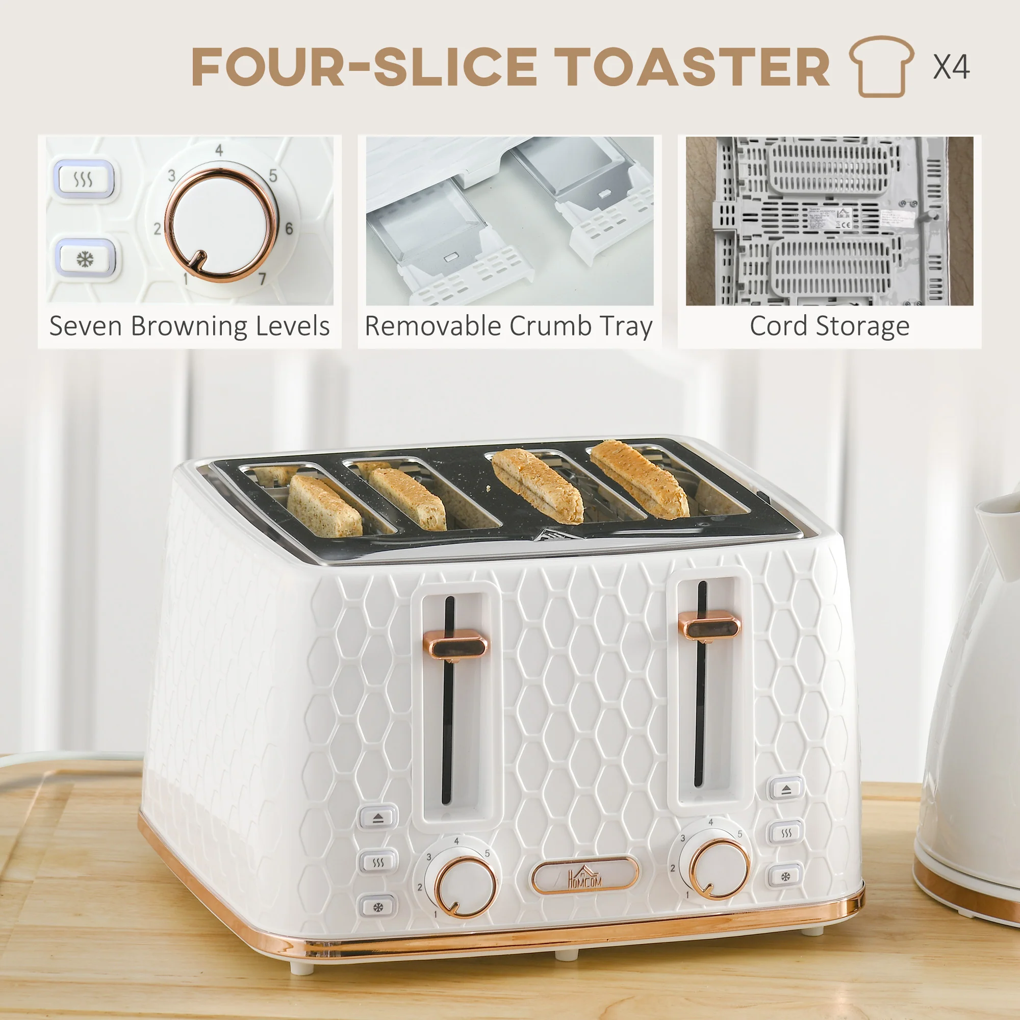 HOMCOM 1.7L Kettle and Toaster Set with Defrost, Reheat and Crumb Tray, White - Image 4