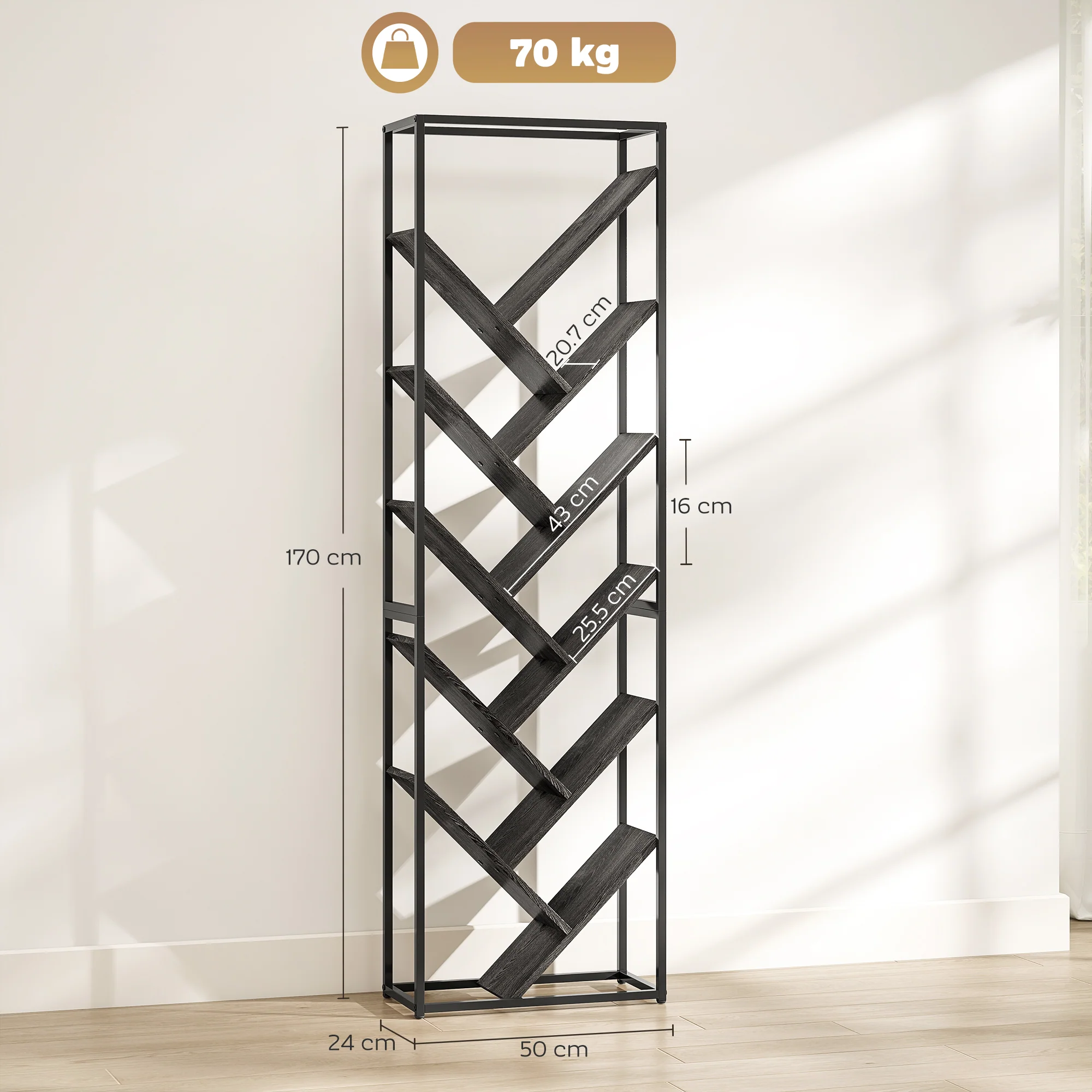 HOMCOM 10 Tier Tree Bookshelf Industrial Tall Bookcase Grey Black - Image 5