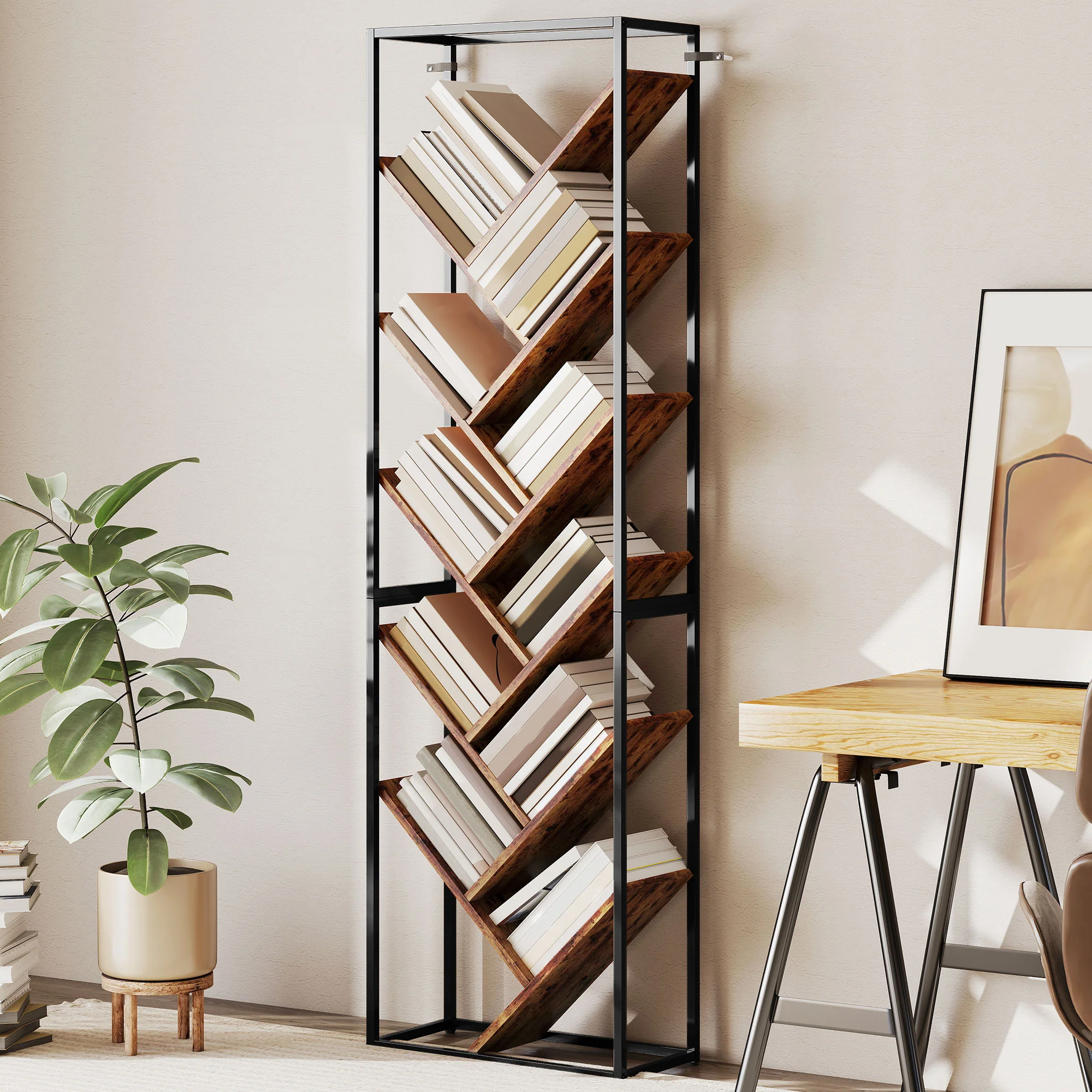 HOMCOM 10 Tier Tree Bookshelf Industrial Tall Bookcase Rustic Brown Black - Image 2