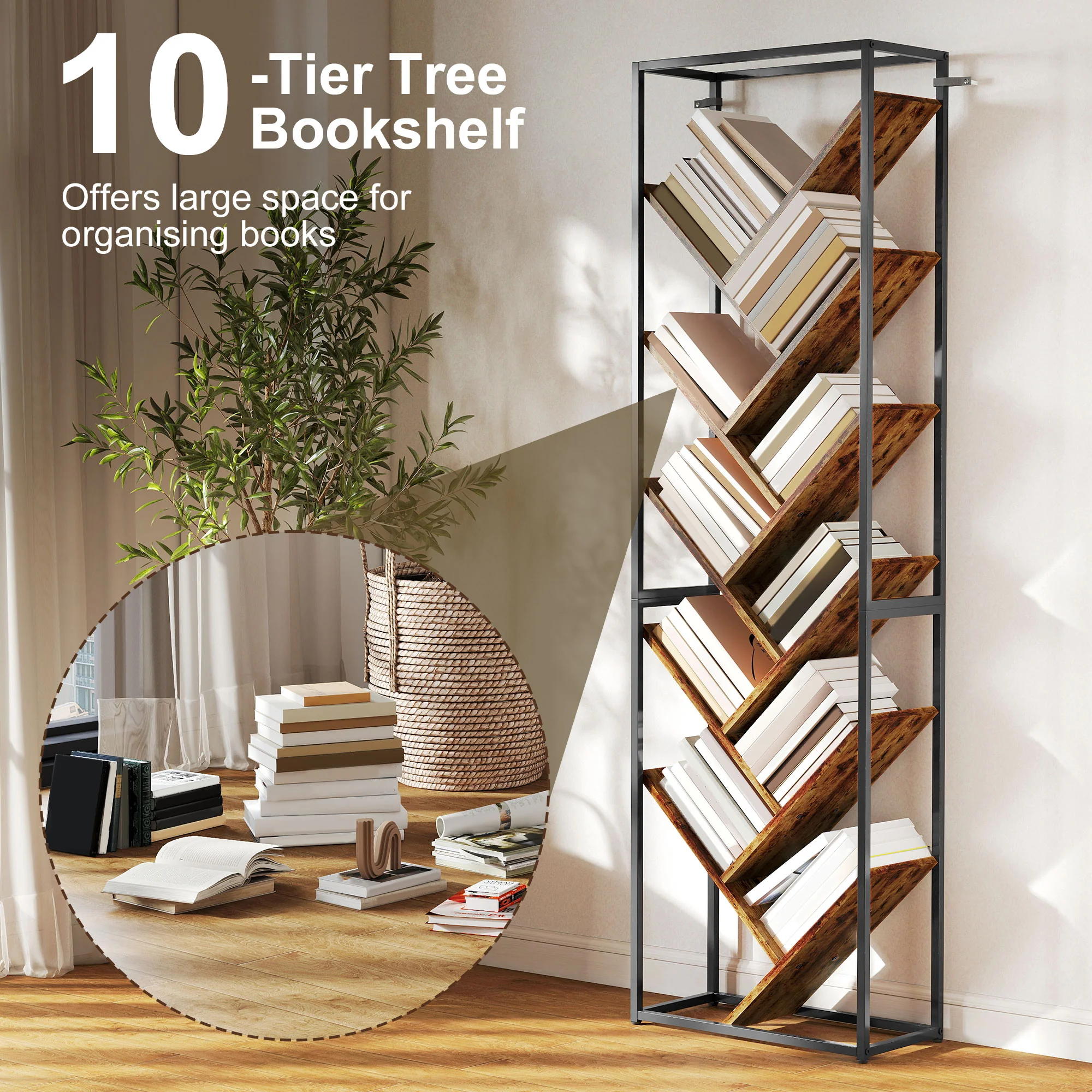 HOMCOM 10 Tier Tree Bookshelf Industrial Tall Bookcase Rustic Brown Black - Image 3