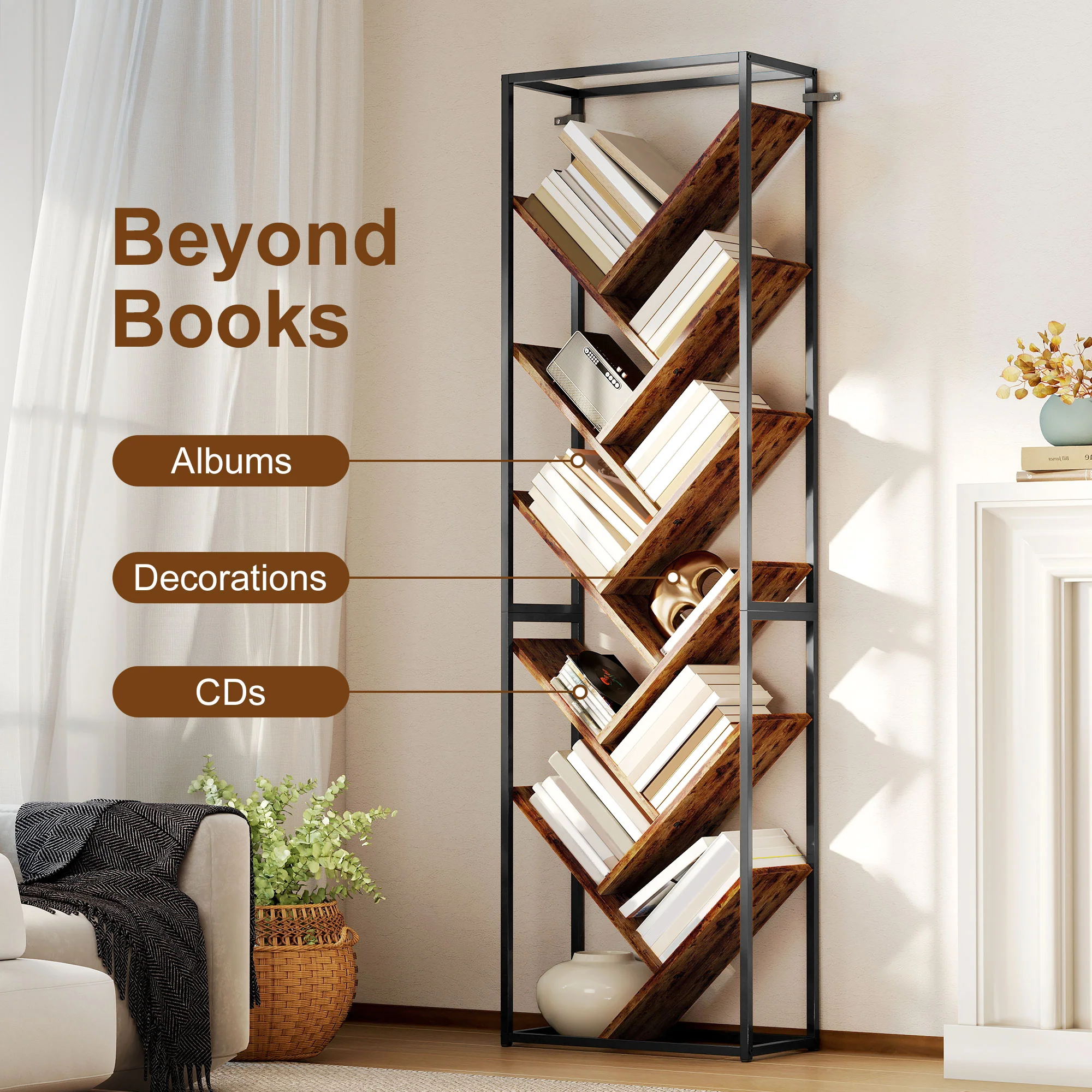HOMCOM 10 Tier Tree Bookshelf Industrial Tall Bookcase Rustic Brown Black - Image 4