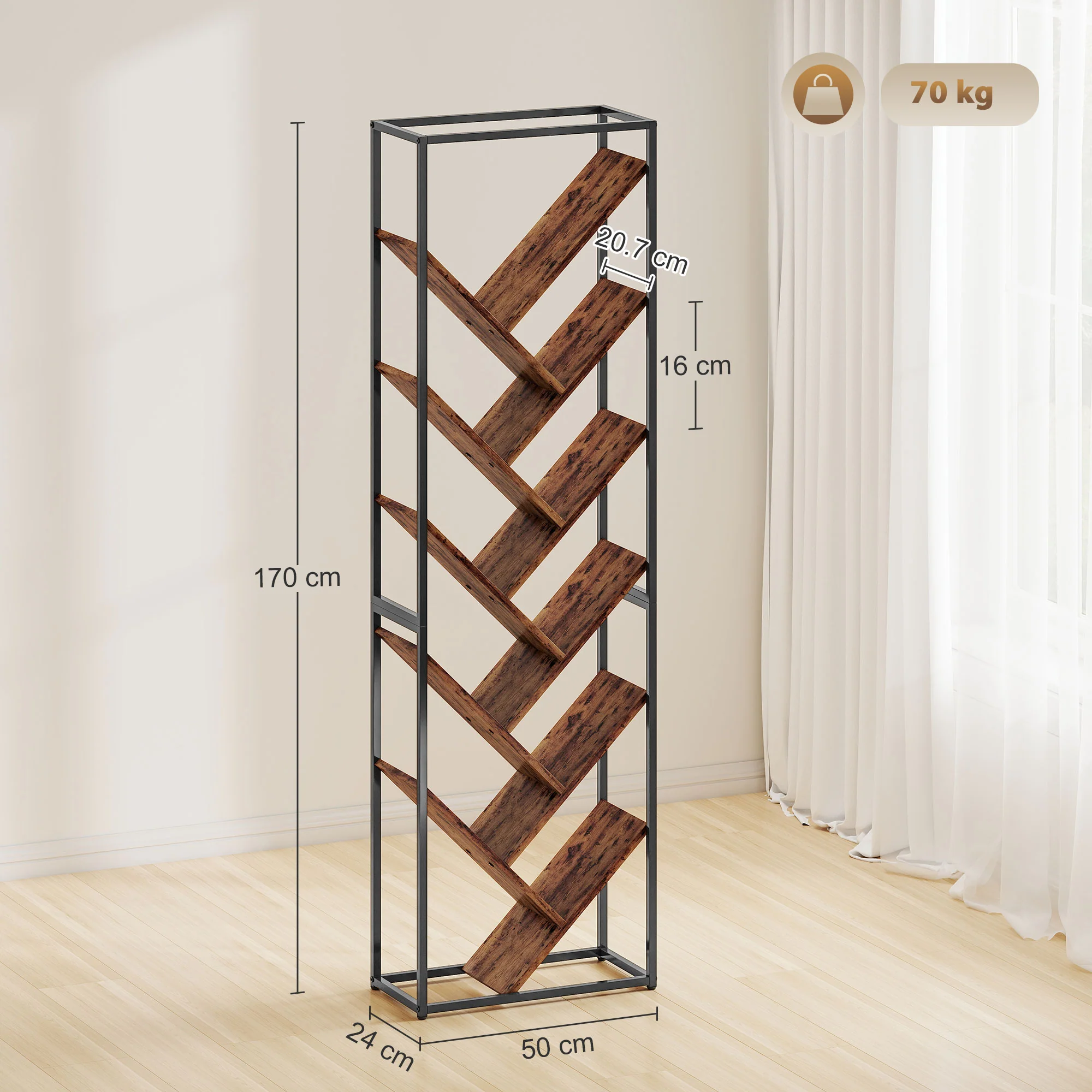HOMCOM 10 Tier Tree Bookshelf Industrial Tall Bookcase Rustic Brown Black - Image 5