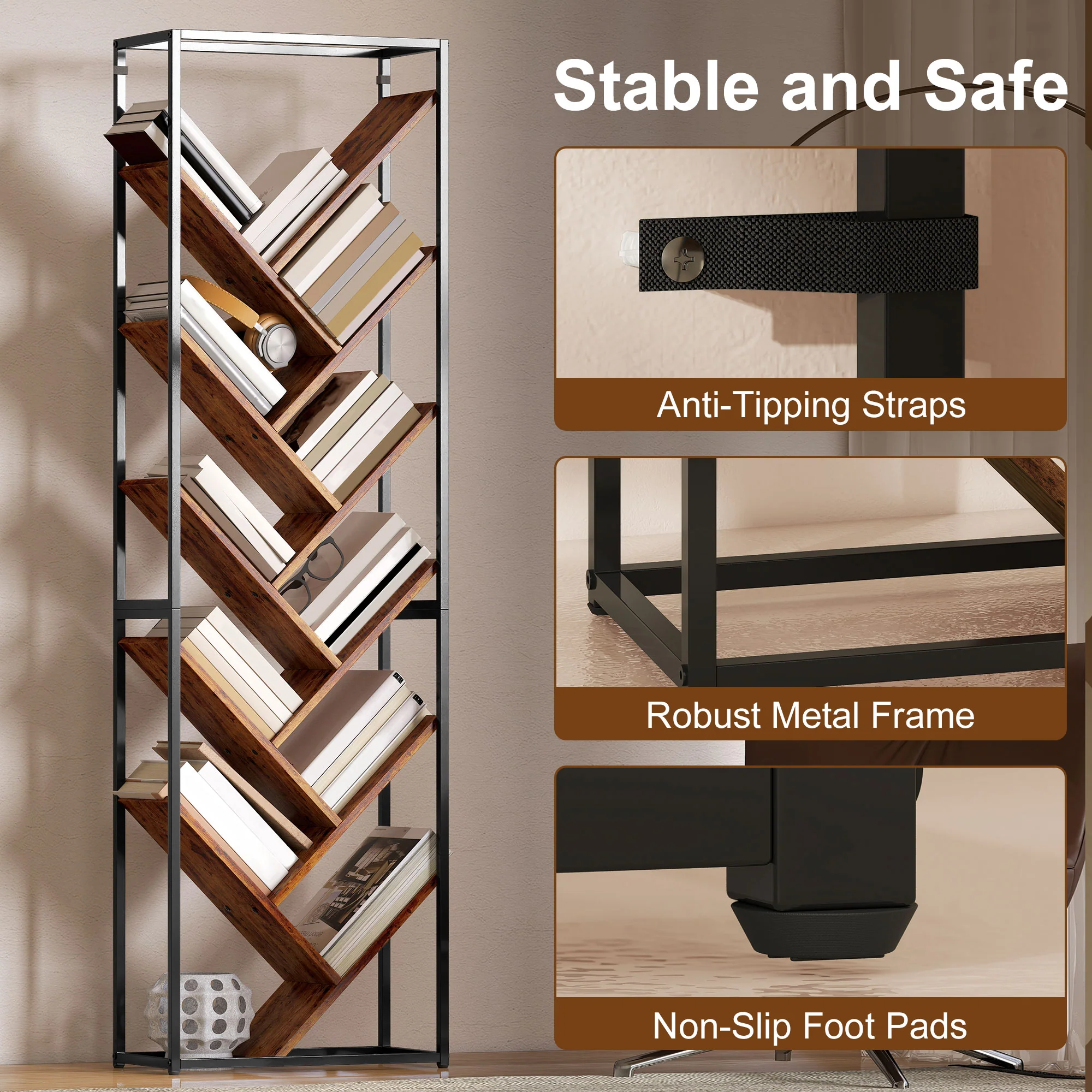 HOMCOM 10 Tier Tree Bookshelf Industrial Tall Bookcase Rustic Brown Black - Image 7