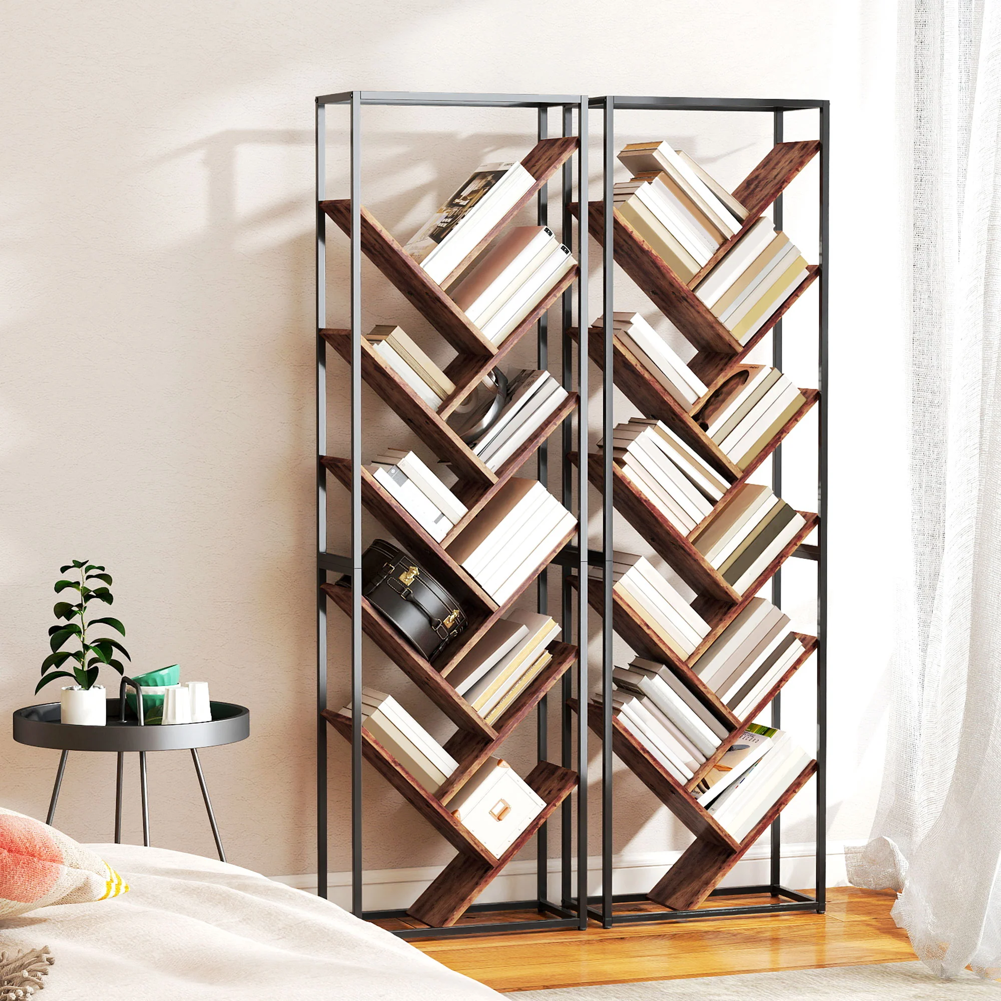 HOMCOM 10 Tier Tree Bookshelf Industrial Tall Bookcase Rustic Brown Black - Image 8