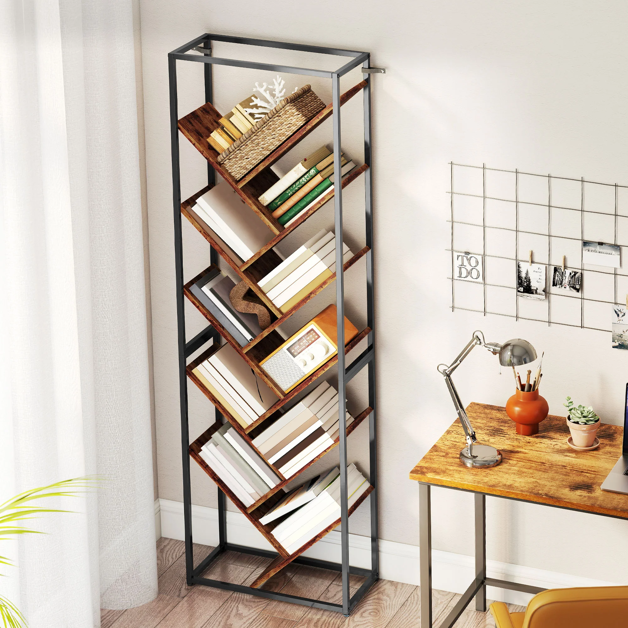 HOMCOM 10 Tier Tree Bookshelf Industrial Tall Bookcase Rustic Brown Black - Image 9