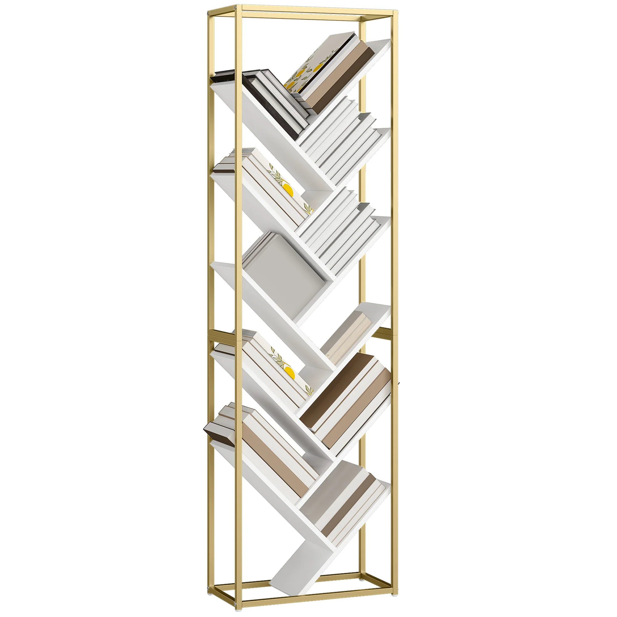 HOMCOM 10 Tier Tree Bookshelf Modern Tall Bookcase White Gold Tone