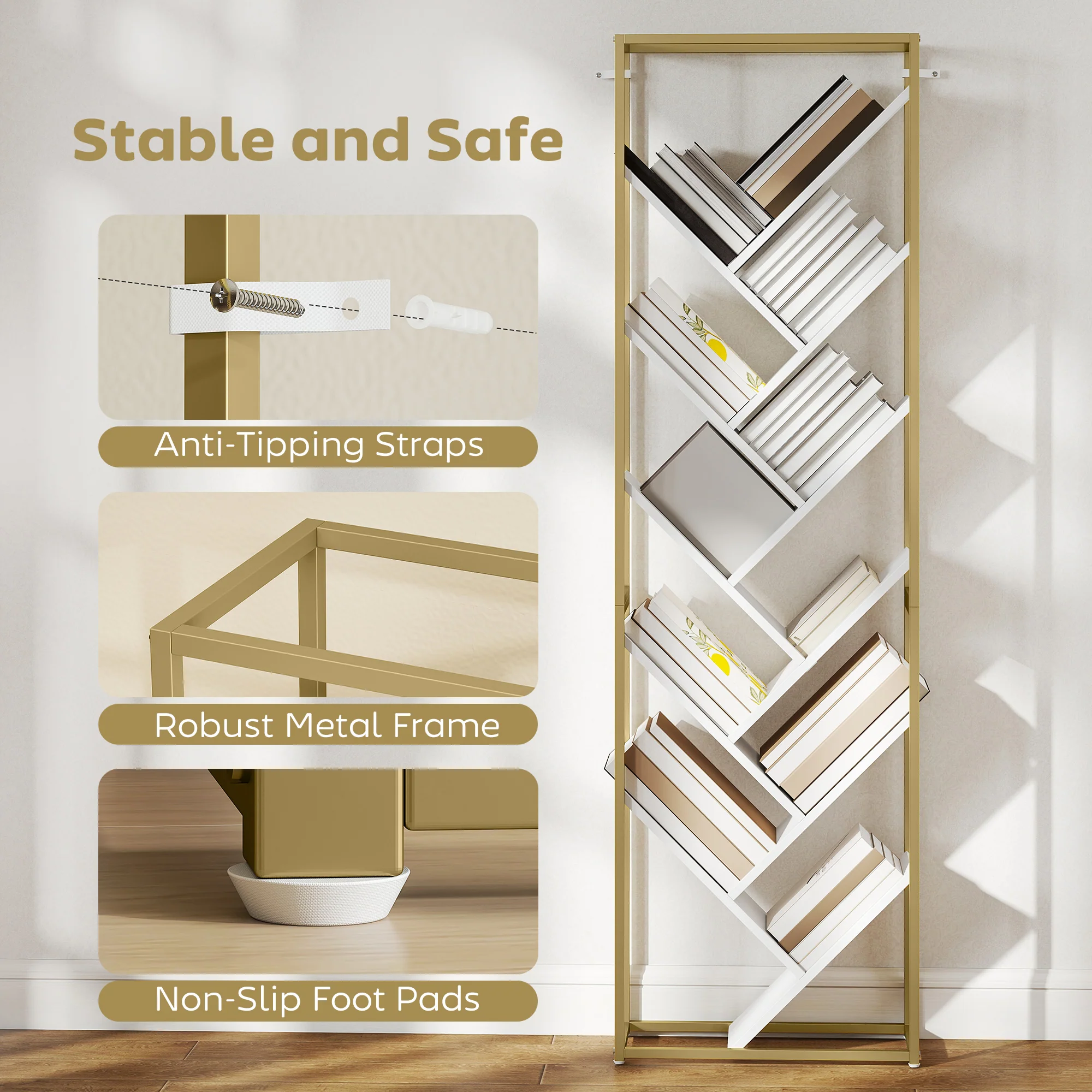 HOMCOM 10 Tier Tree Bookshelf Modern Tall Bookcase White Gold Tone - Image 7