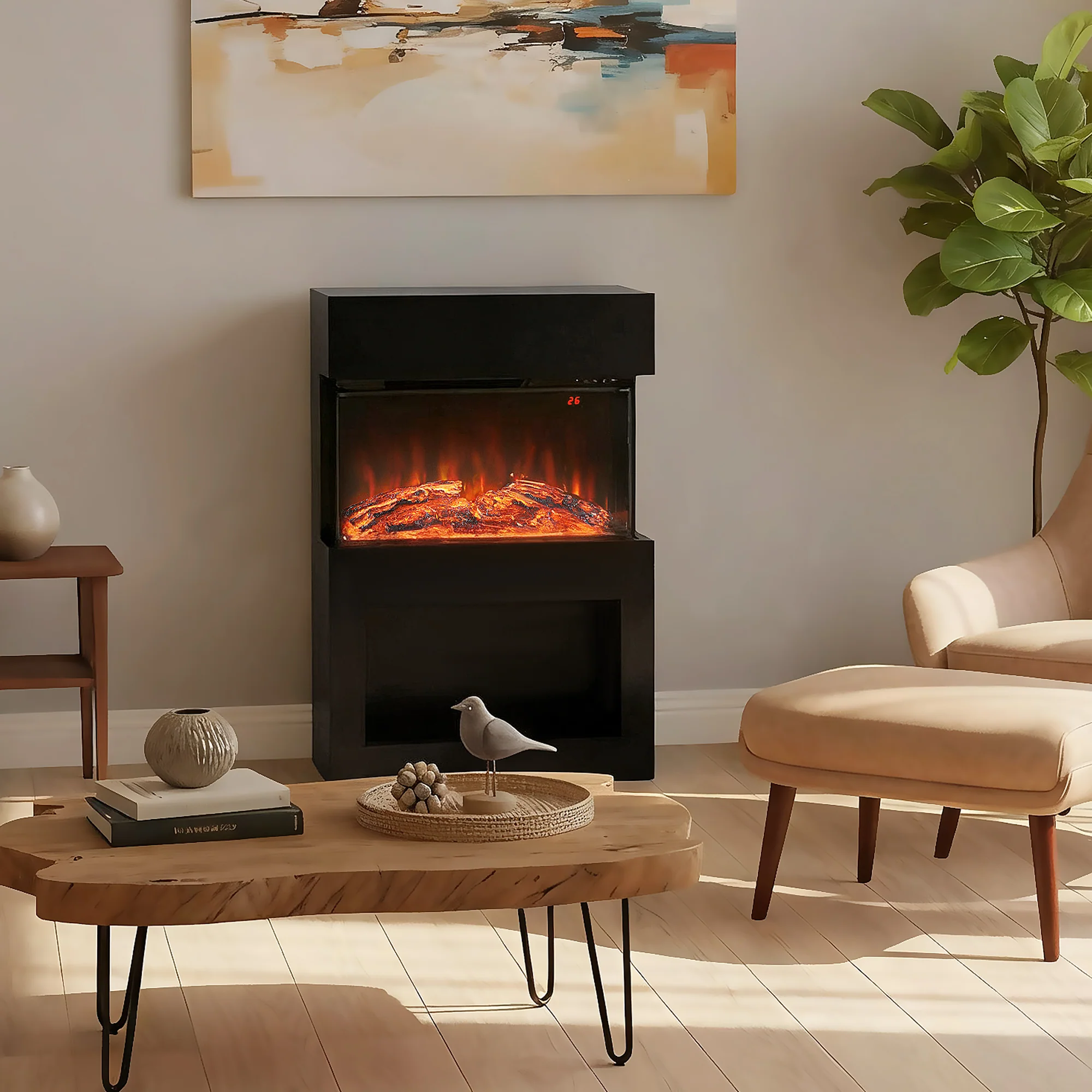 HOMCOM 1000W/2000W Electric Fire and Mantel with Remote & Timer, Black - Image 2