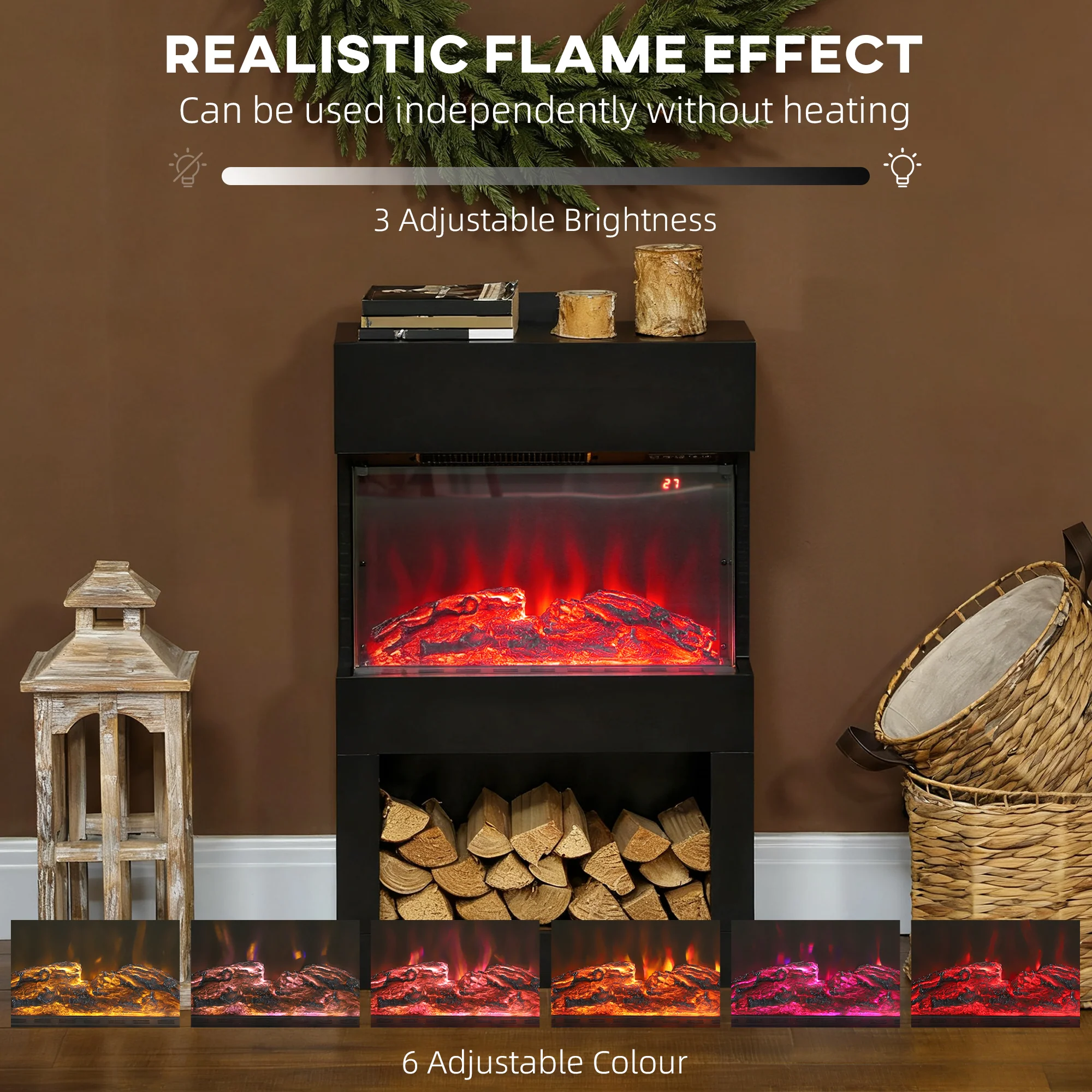 HOMCOM 1000W/2000W Electric Fire and Mantel with Remote & Timer, Black - Image 3