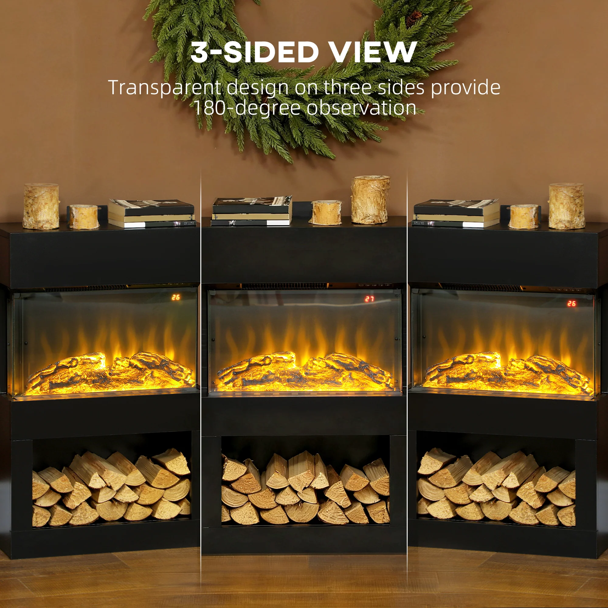 HOMCOM 1000W/2000W Electric Fire and Mantel with Remote & Timer, Black - Image 4