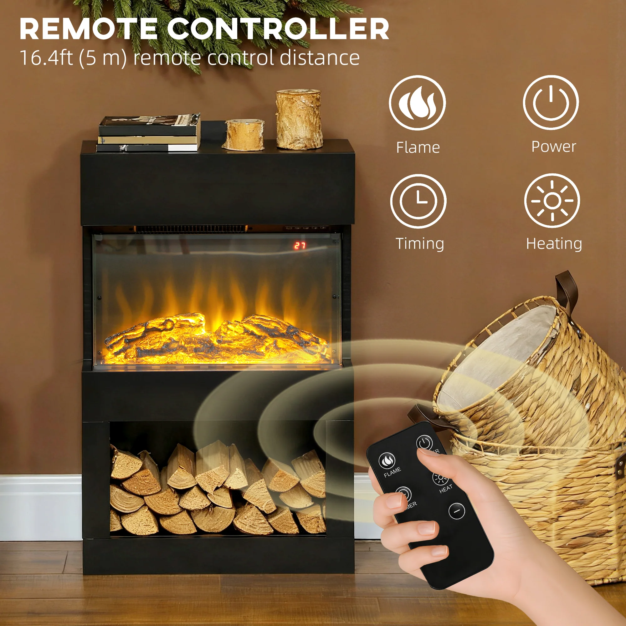 HOMCOM 1000W/2000W Electric Fire and Mantel with Remote & Timer, Black - Image 7