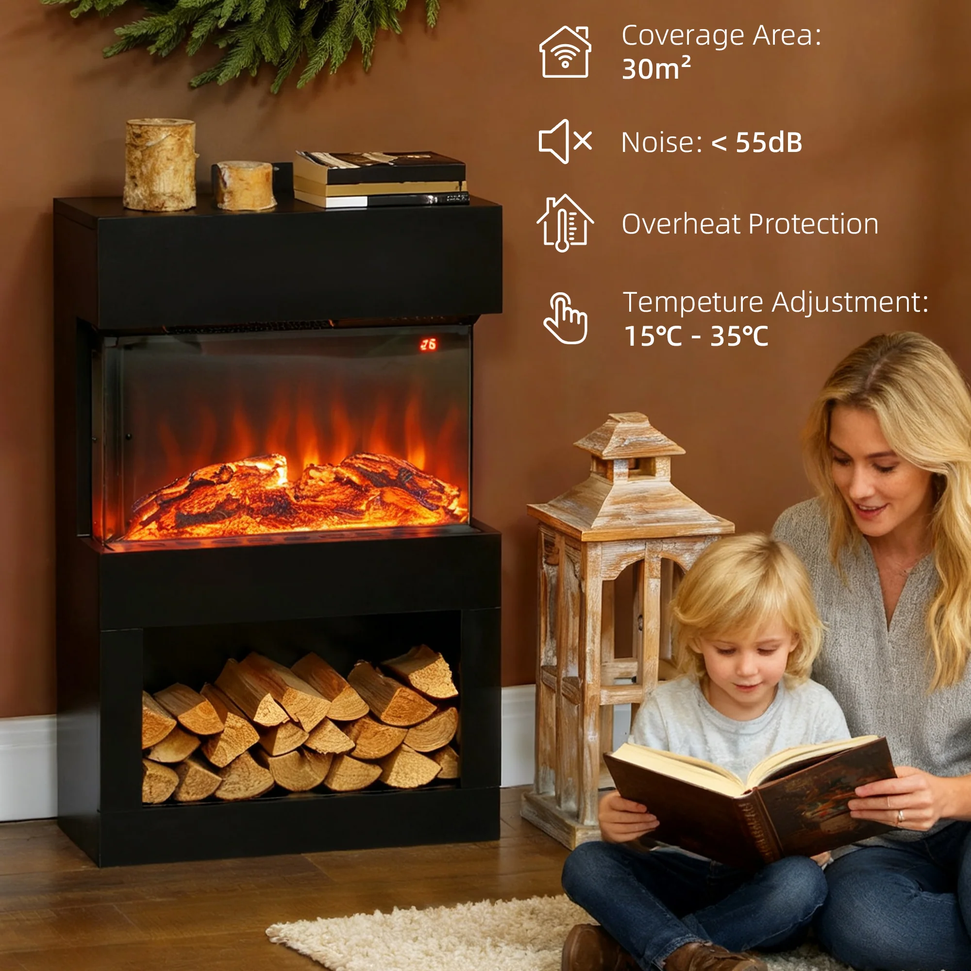 HOMCOM 1000W/2000W Electric Fire and Mantel with Remote & Timer, Black - Image 8