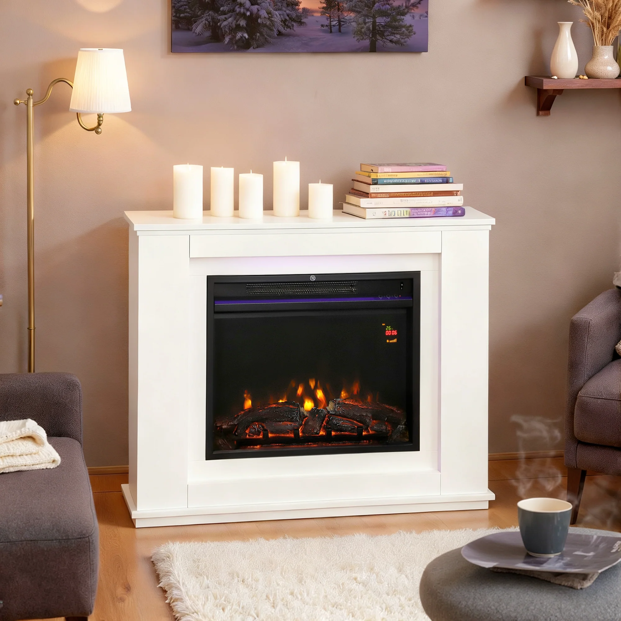 HOMCOM 1000W/2000W Inset Electric Fire and Mantel Reach up to 30 m², White - Image 2