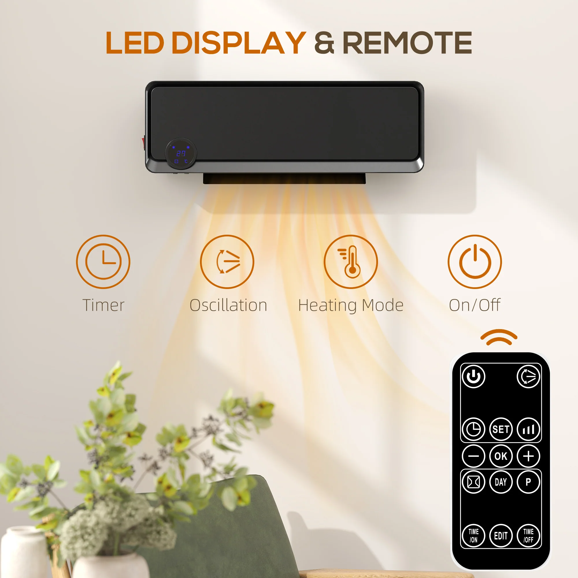 HOMCOM 1000W/2000W Wall Downflow Heater 10-49Â°C Temperature w/ Timer, Black - Image 4