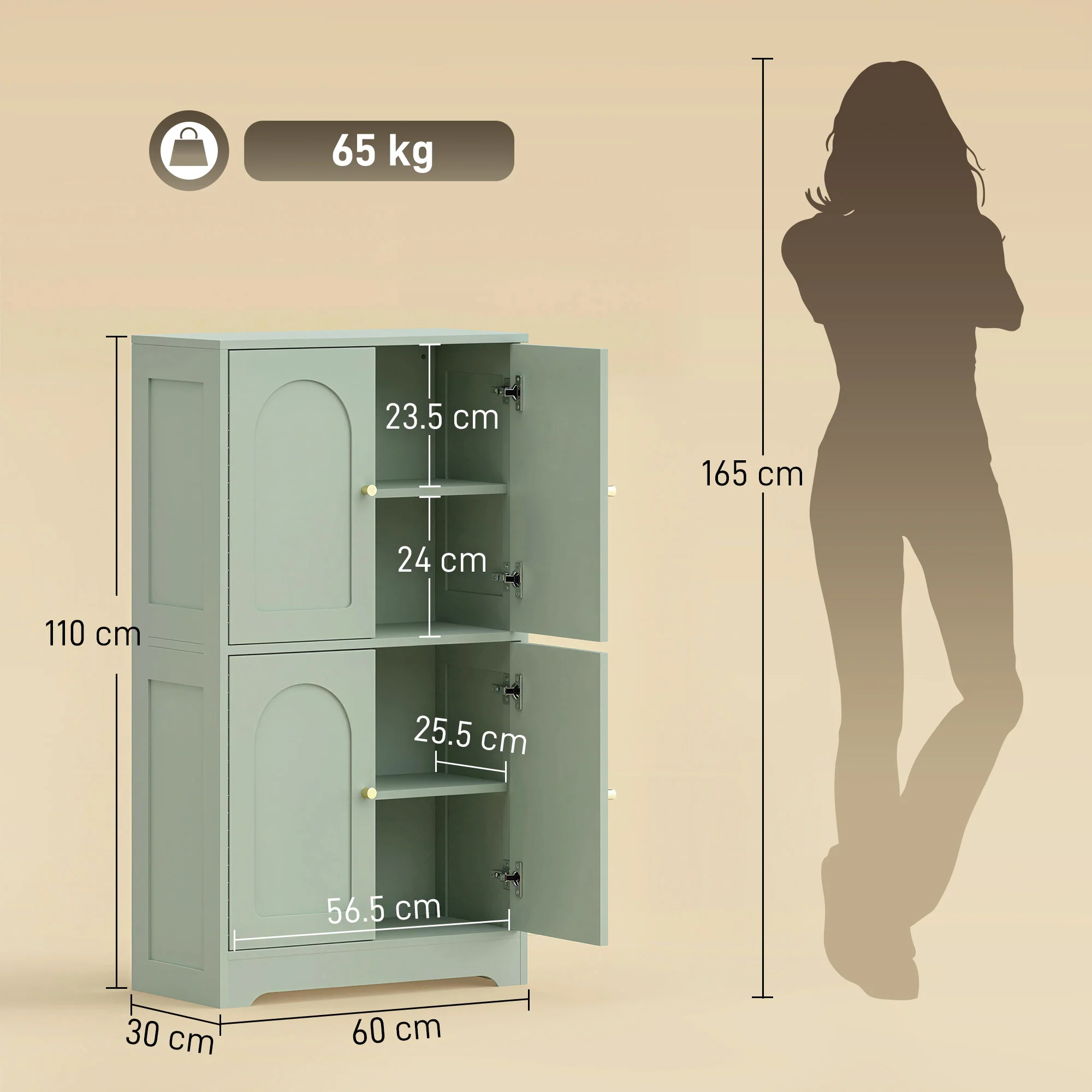 HOMCOM 110cm Kitchen Cupboard with 4 Arched Doors and 2 Adjustable Shelves - Image 5