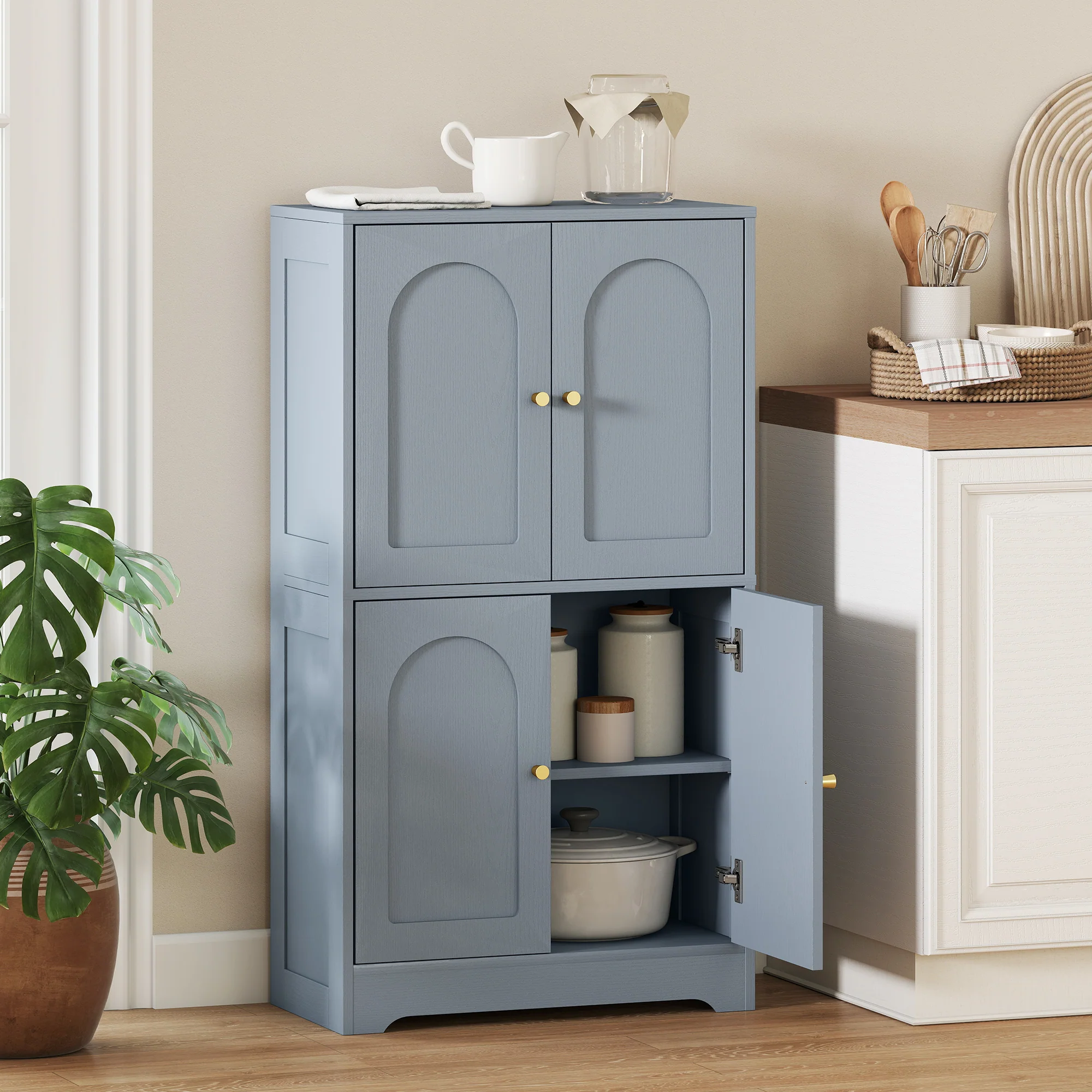 HOMCOM 110cm Kitchen Cupboard with 4 Arched Doors and 2 Adjustable Shelves - Image 2