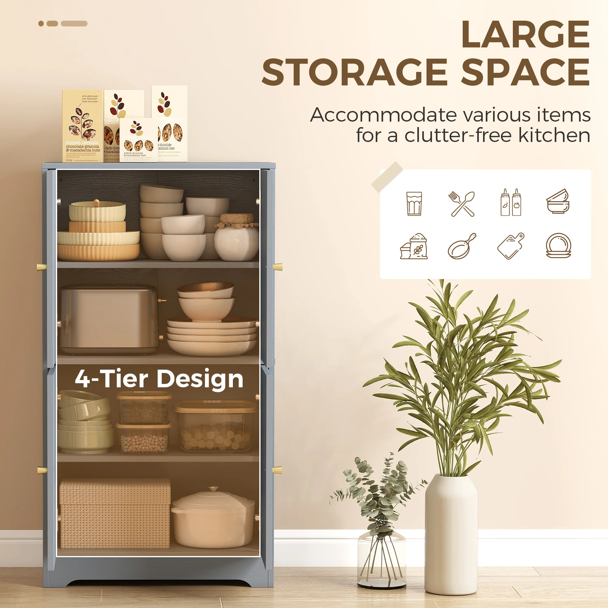 HOMCOM 110cm Kitchen Cupboard with 4 Arched Doors and 2 Adjustable Shelves - Image 4