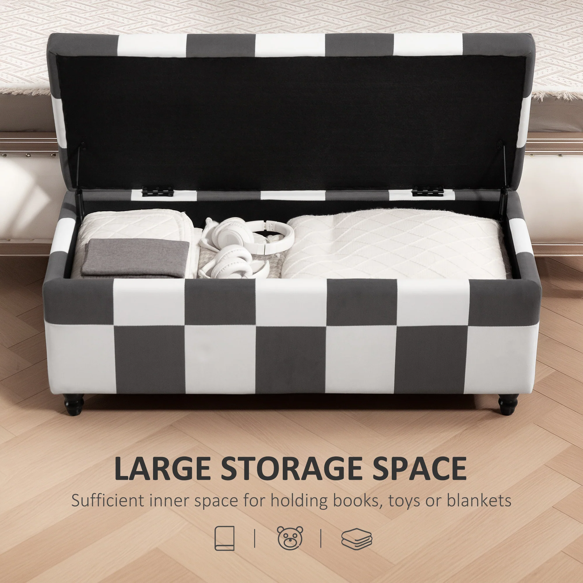 HOMCOM 114 x 47 x 47cm Velvet Storage Ottoman, Button-tufted Footstool Box - Image 3