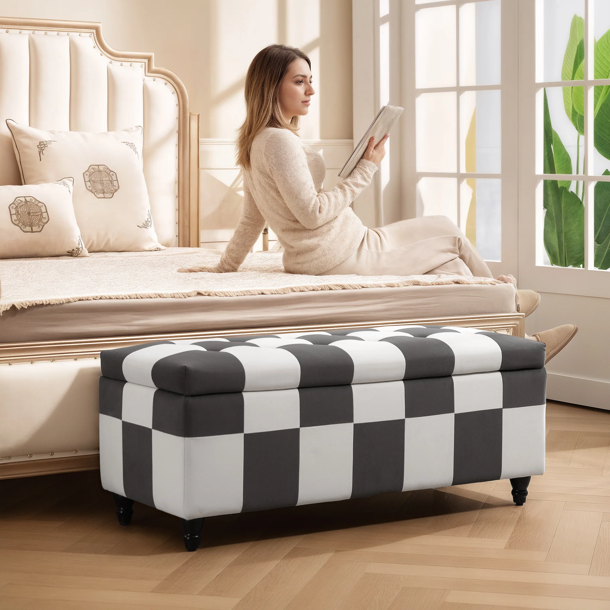 HOMCOM 114 x 47 x 47cm Velvet Storage Ottoman, Button-tufted Footstool Box - Image 7