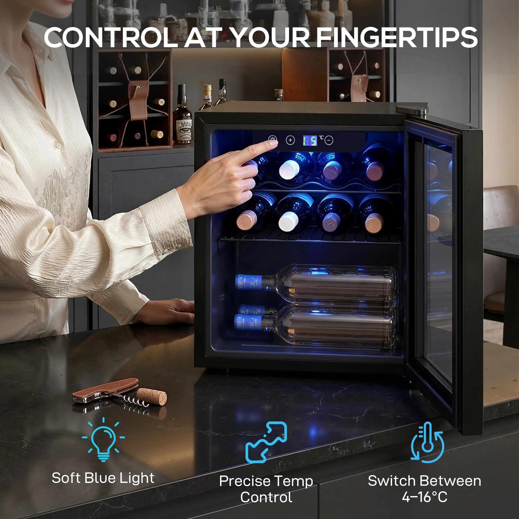 HOMCOM 12 Bottle Wine Cooler, 4-16°C Under Counter Drinks Beer Wine Fridge - Image 4