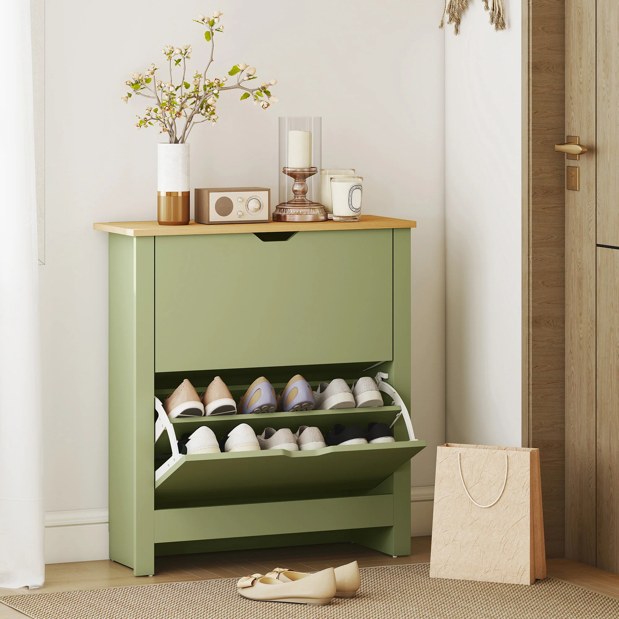 HOMCOM 12-Shoe Storage Cabinet 4 Shelves 2 Drawers Tabletop - Image 17