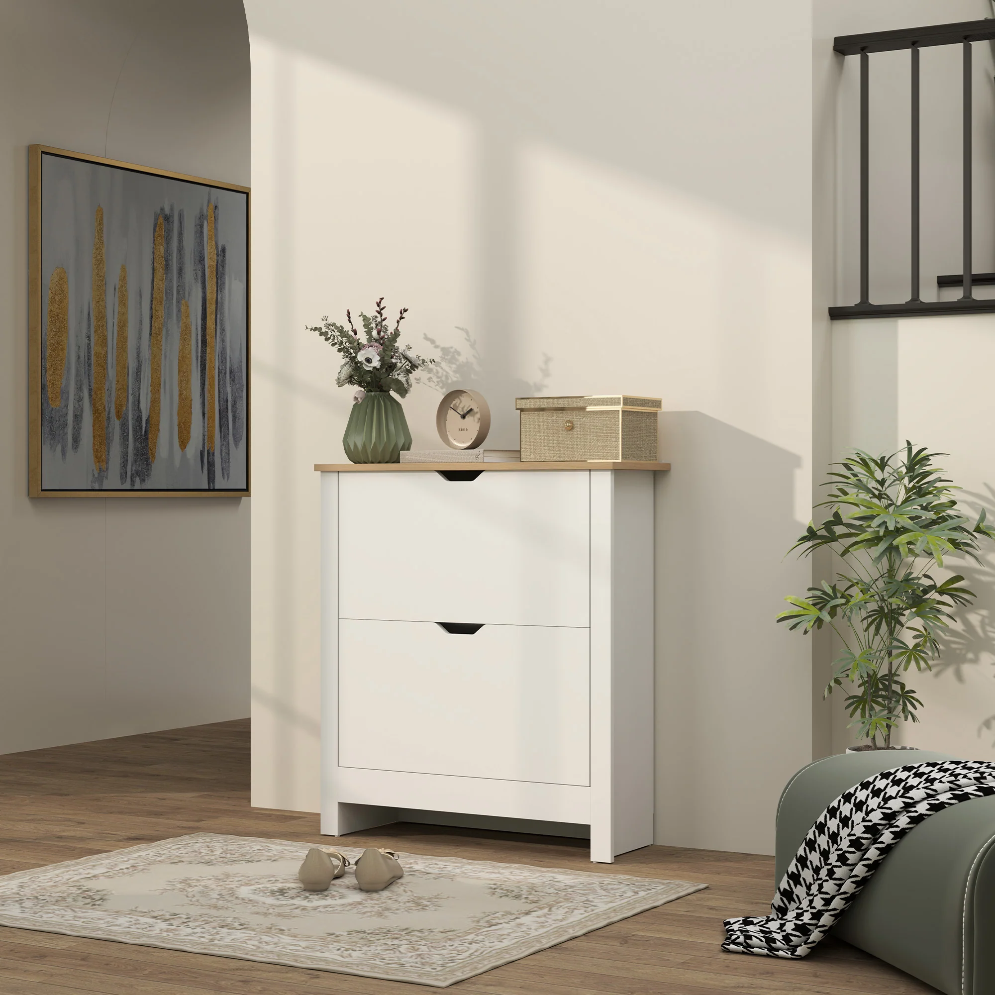 HOMCOM 12-Shoe Storage Cabinet 4 Shelves 2 Drawers Tabletop High Gloss White - Image 2
