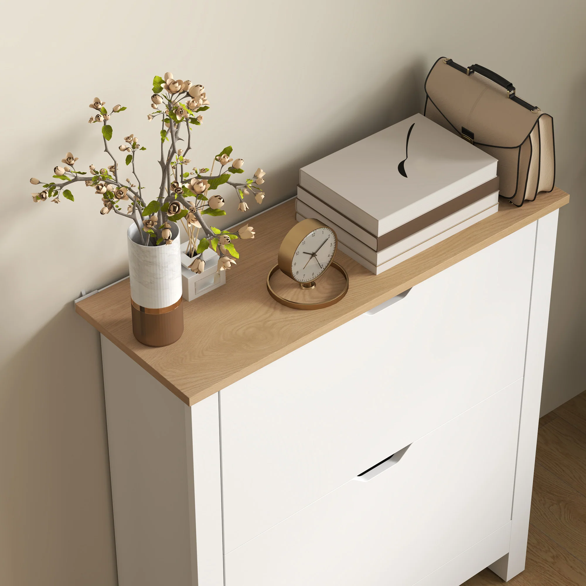 HOMCOM 12-Shoe Storage Cabinet 4 Shelves 2 Drawers Tabletop High Gloss White - Image 8