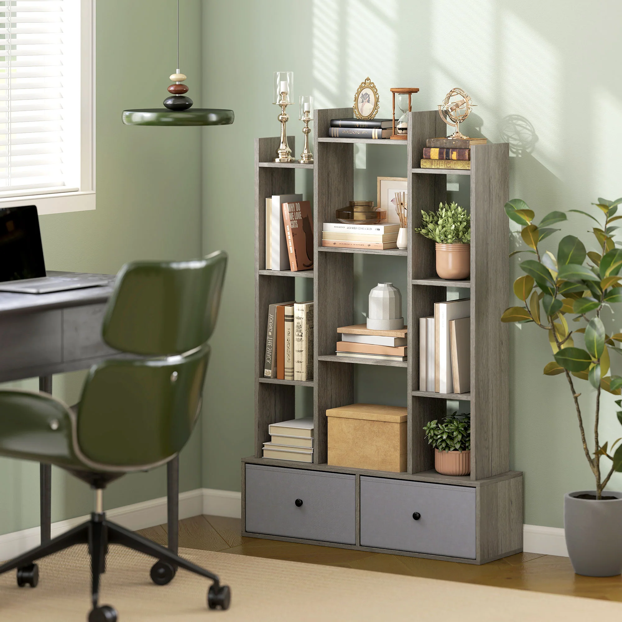 HOMCOM 12-Tier Bookshelf, Bookcase w/ 2 Folding Drawer, Graphite Wood Effect - Image 2