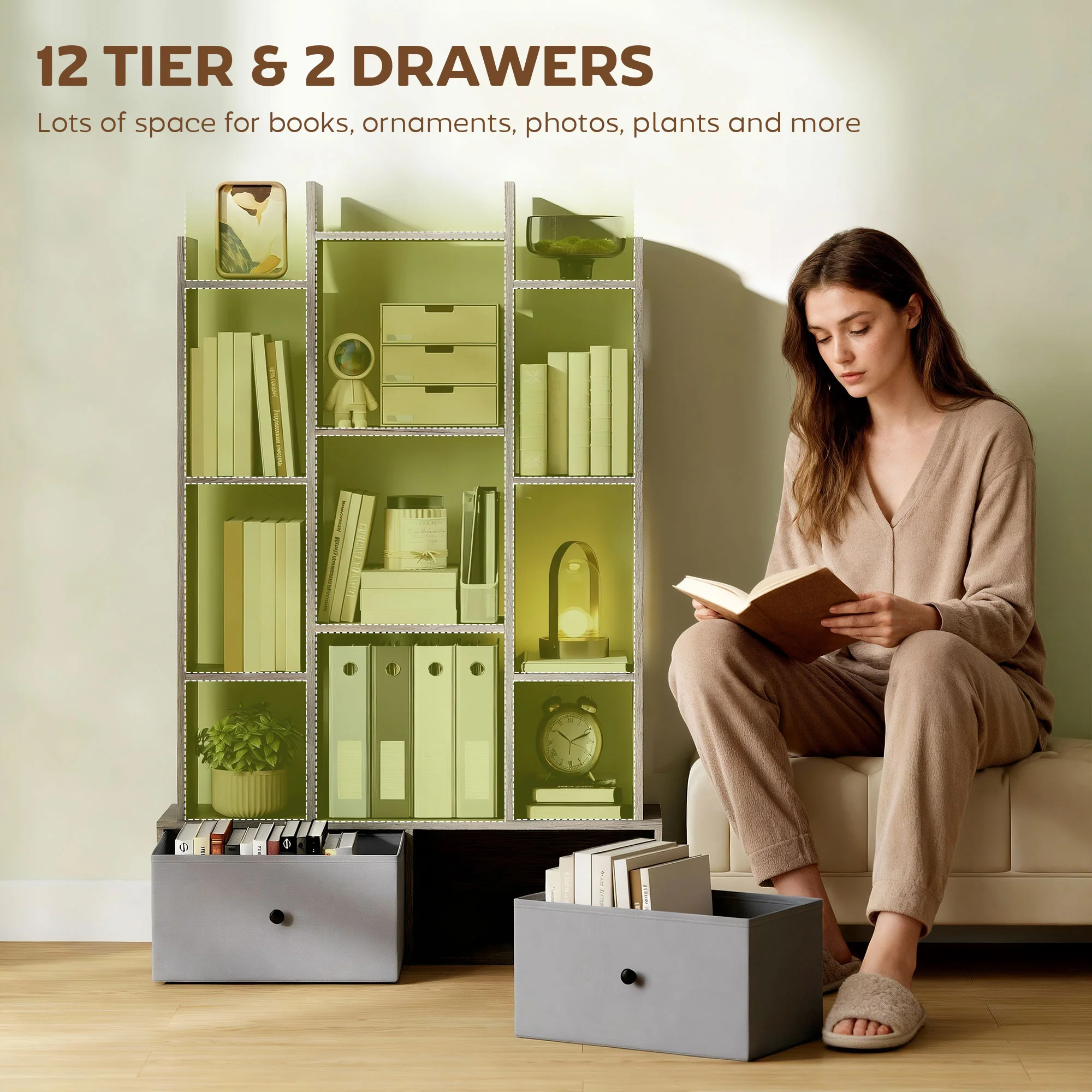 HOMCOM 12-Tier Bookshelf, Bookcase w/ 2 Folding Drawer, Graphite Wood Effect - Image 3