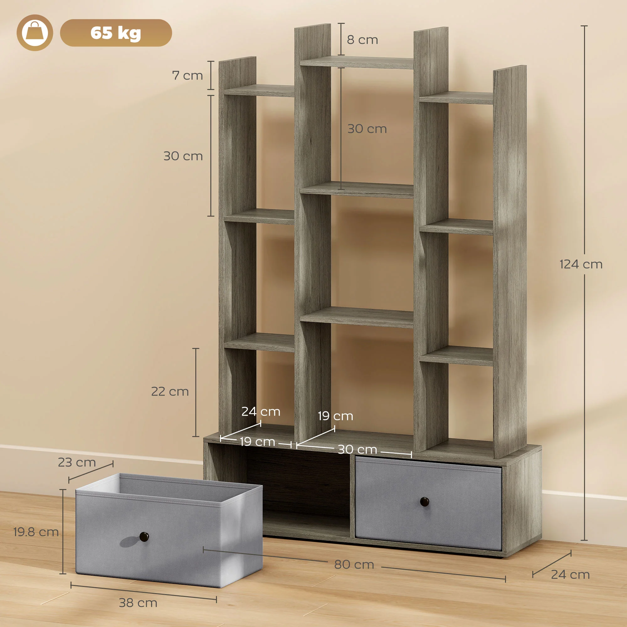 HOMCOM 12-Tier Bookshelf, Bookcase w/ 2 Folding Drawer, Graphite Wood Effect - Image 5