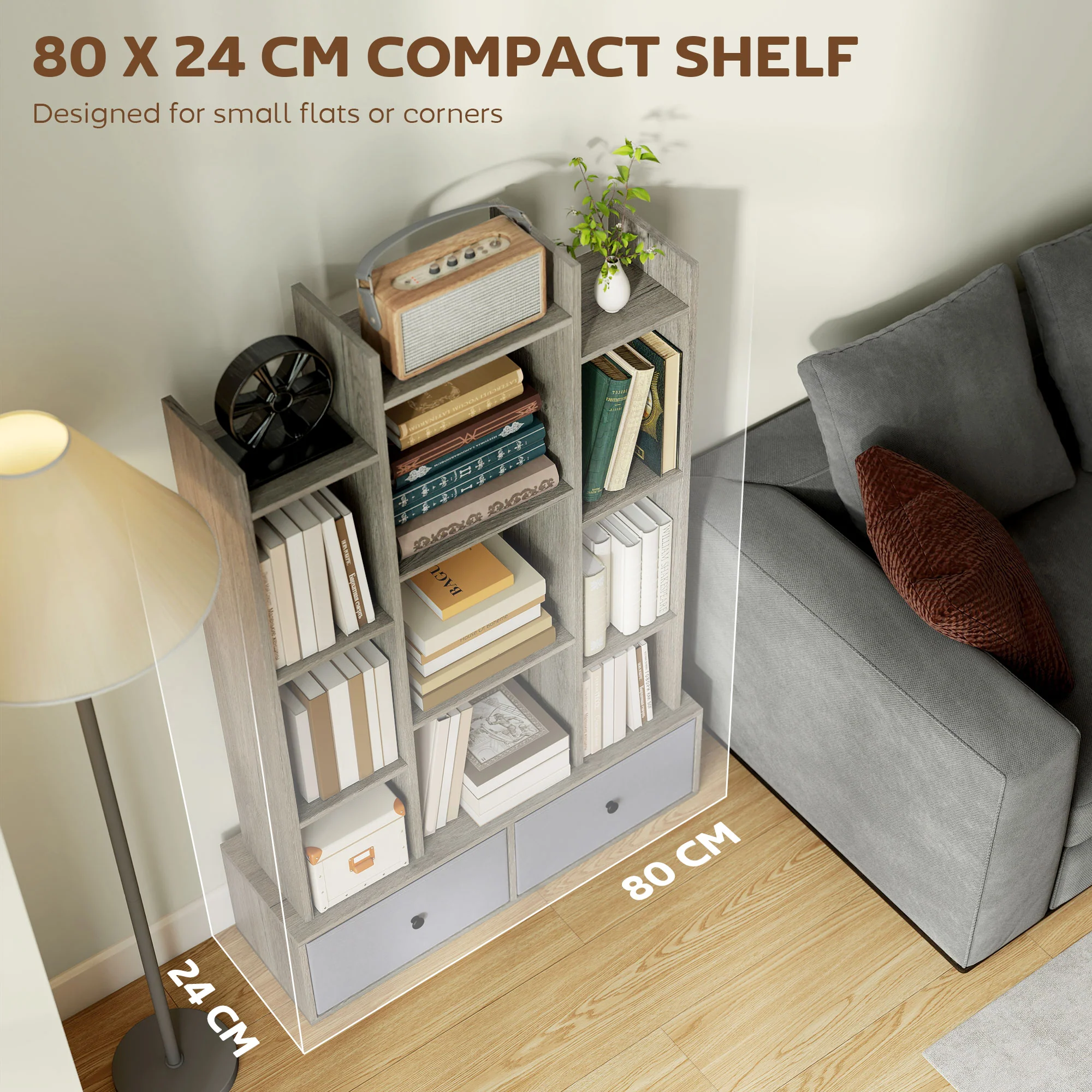 HOMCOM 12-Tier Bookshelf, Bookcase w/ 2 Folding Drawer, Graphite Wood Effect - Image 6