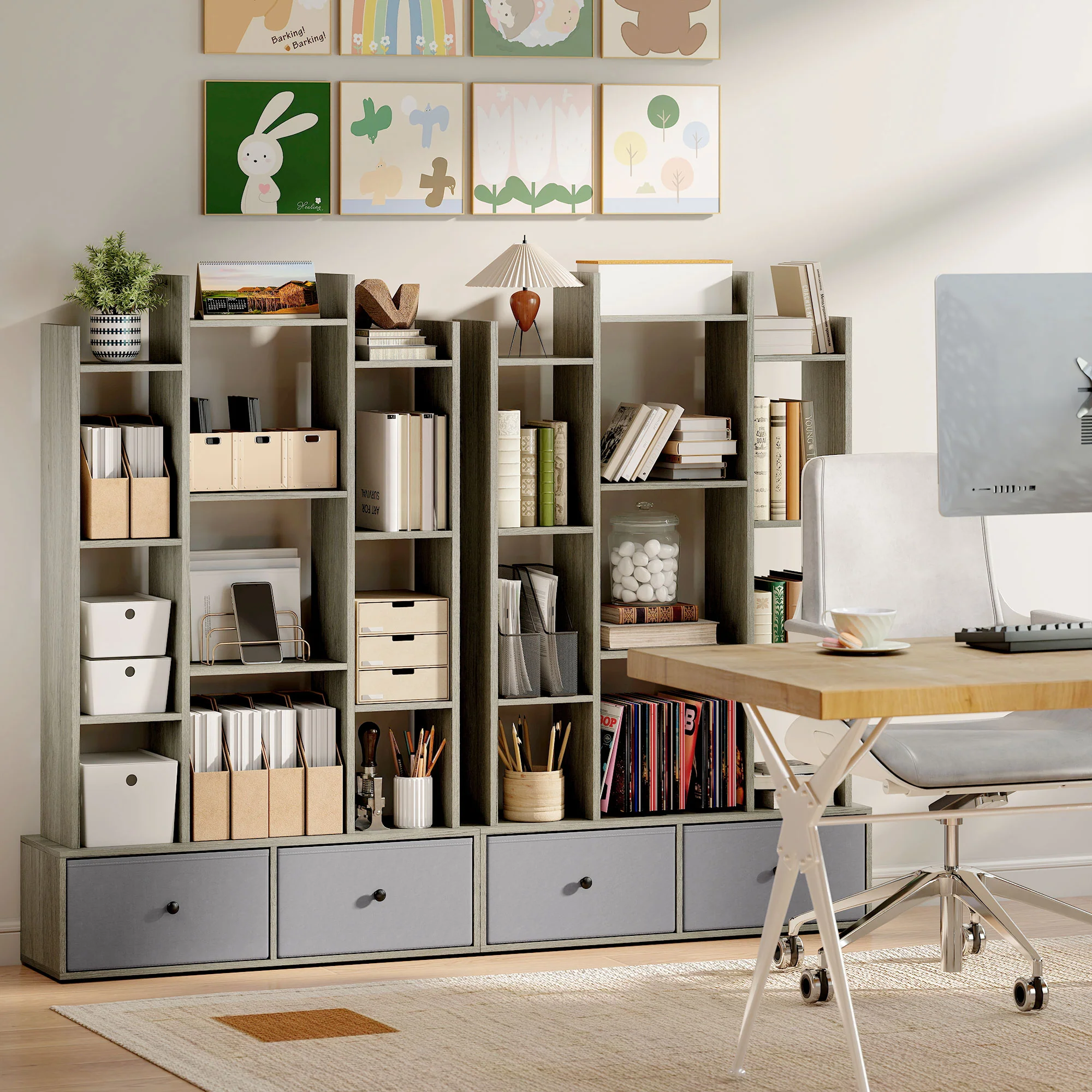 HOMCOM 12-Tier Bookshelf, Bookcase w/ 2 Folding Drawer, Graphite Wood Effect - Image 9