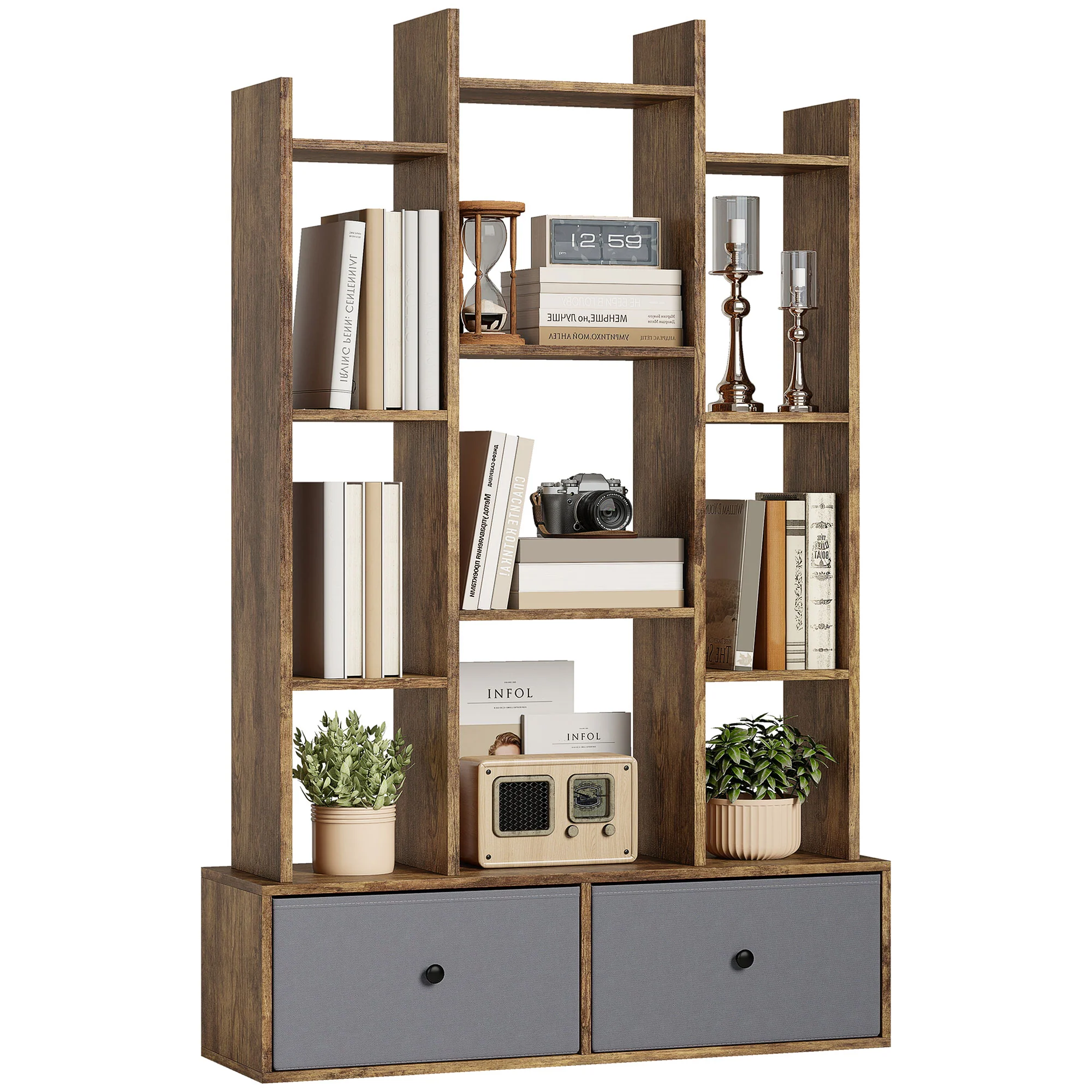 HOMCOM 12-Tier Bookshelf, Bookcase w/ 2 Folding Drawer, Rustic Brown