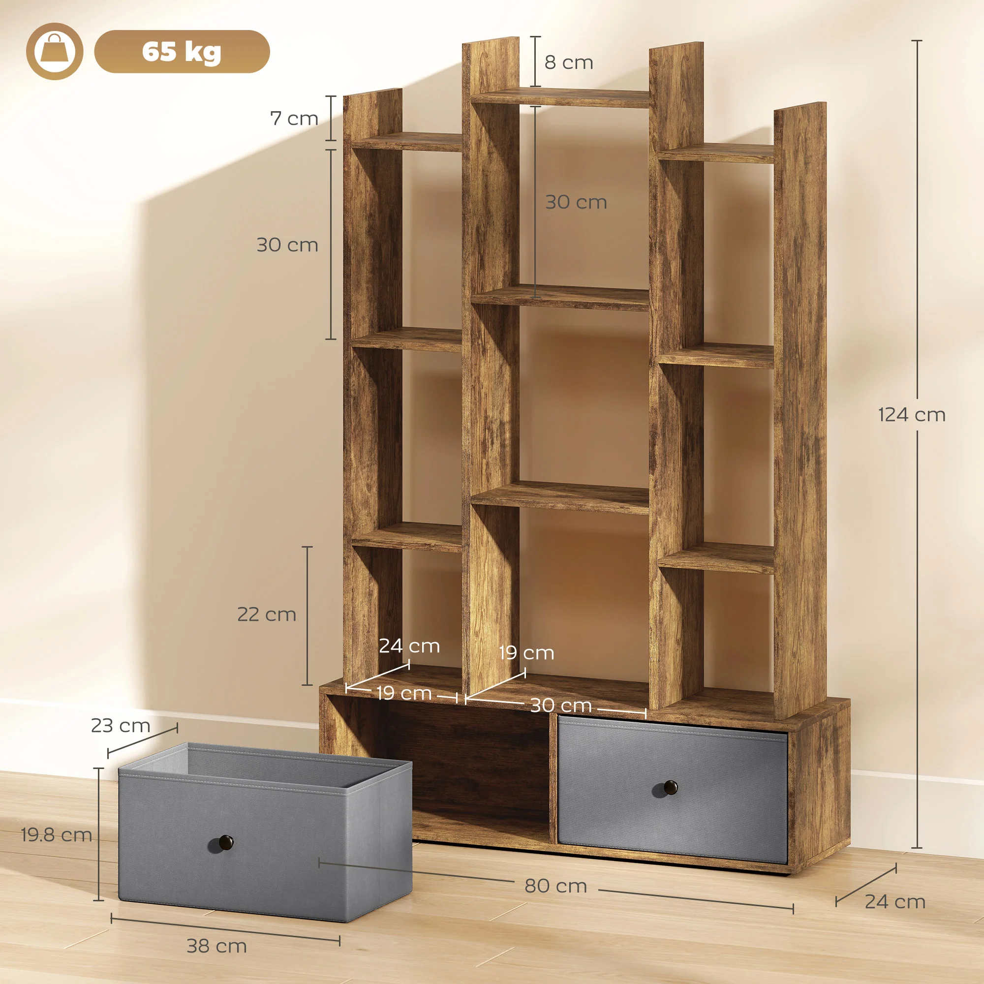 HOMCOM 12-Tier Bookshelf, Bookcase w/ 2 Folding Drawer, Rustic Brown - Image 5