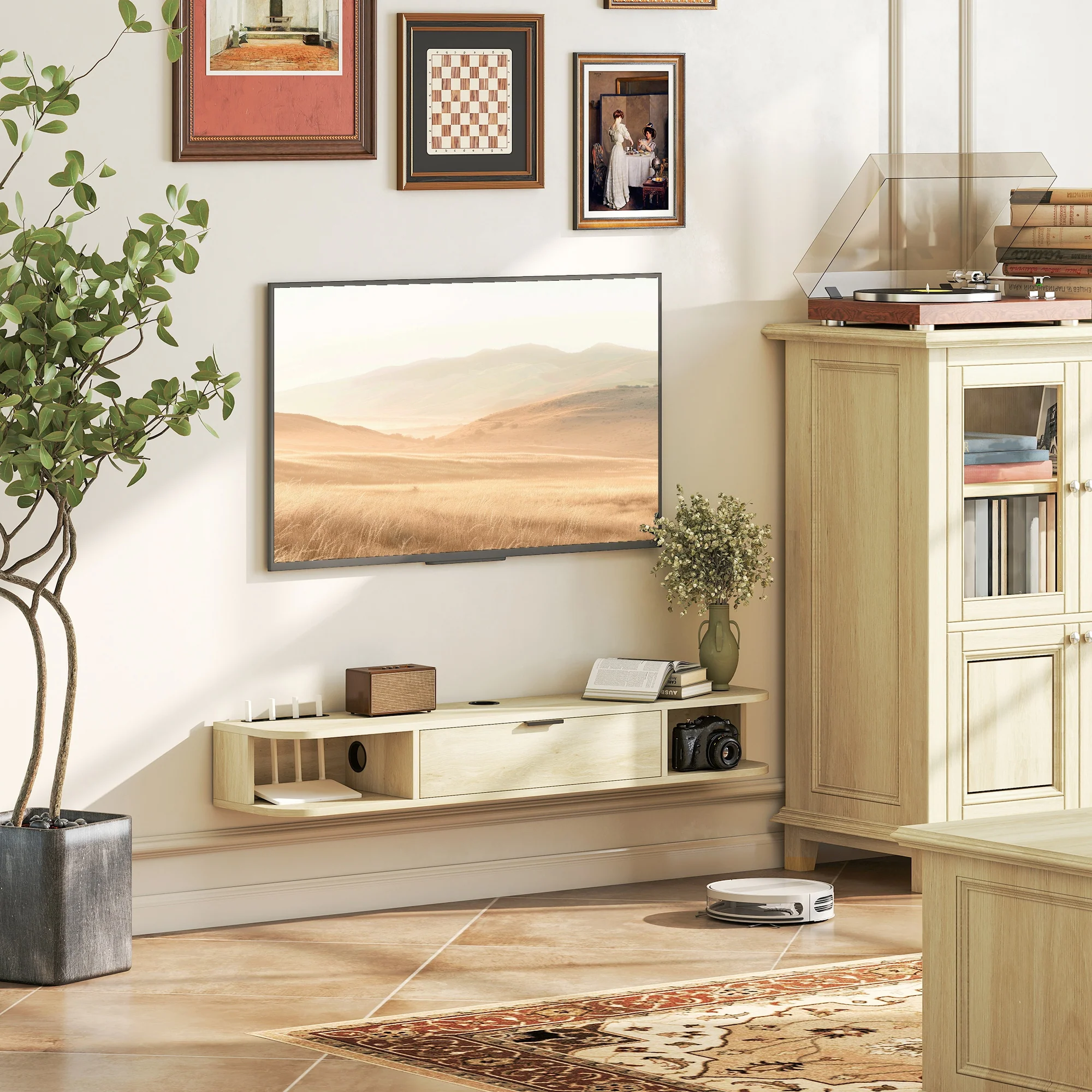 HOMCOM 120 Cm Floating TV Unit With Flip Drawer And Shelves, Natural - Image 2