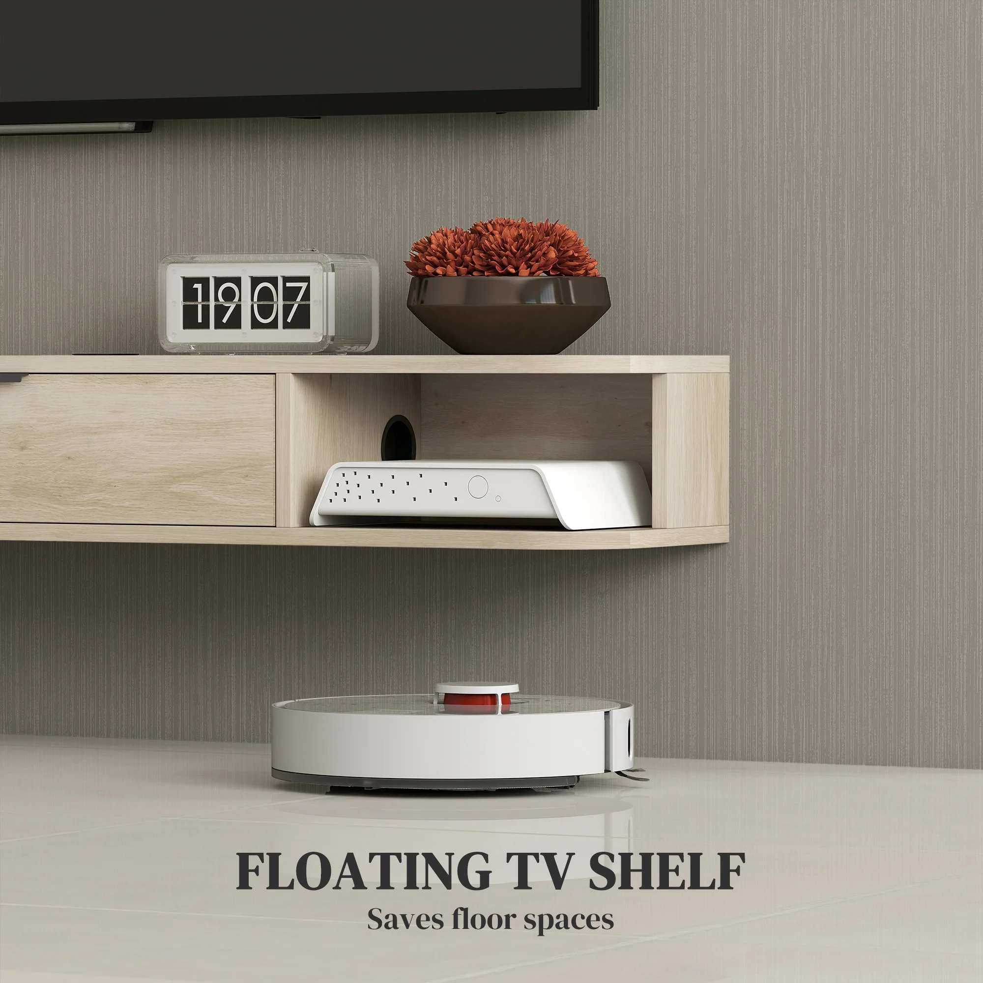 HOMCOM 120 Cm Floating TV Unit With Flip Drawer And Shelves, Natural - Image 3