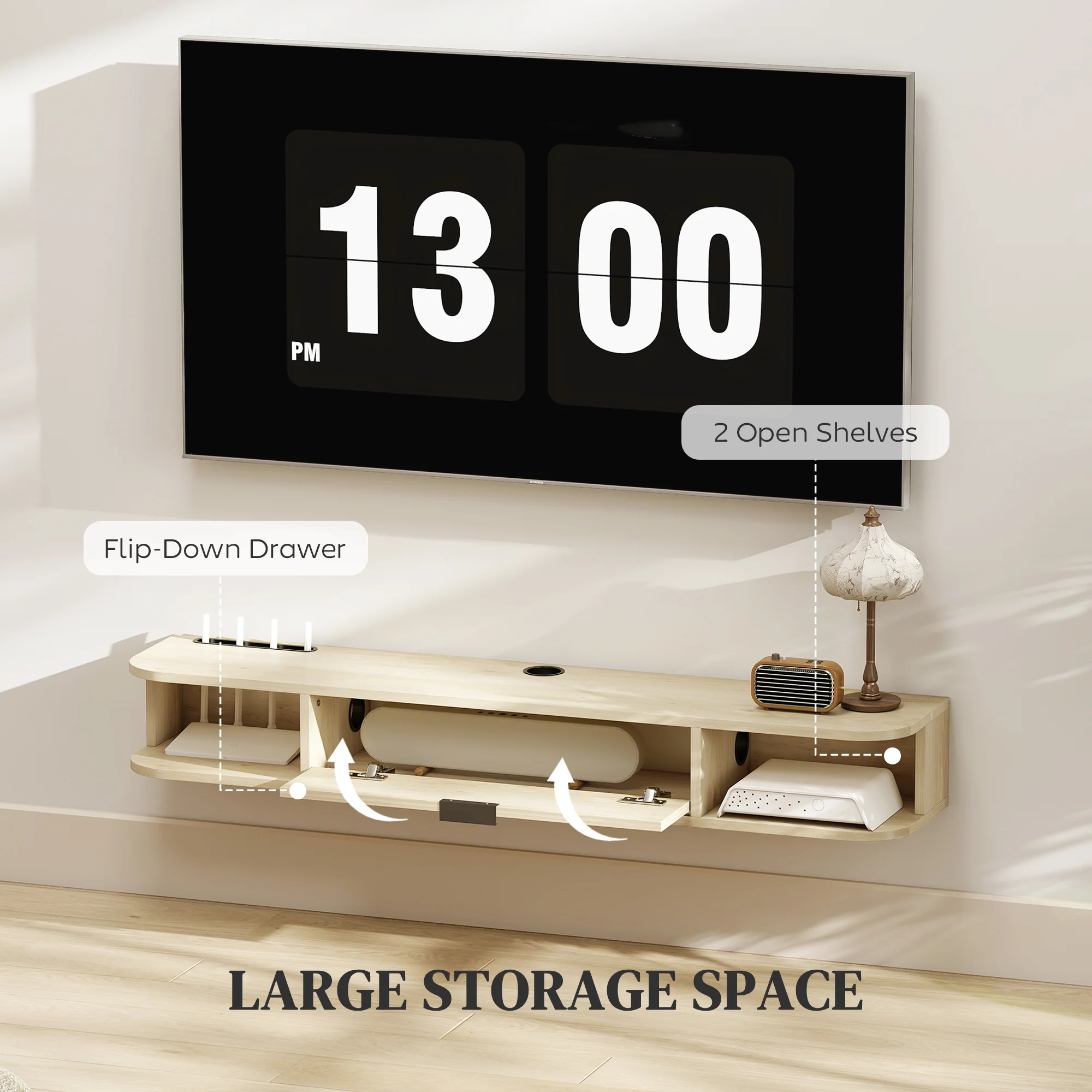 HOMCOM 120 Cm Floating TV Unit With Flip Drawer And Shelves, Natural - Image 4