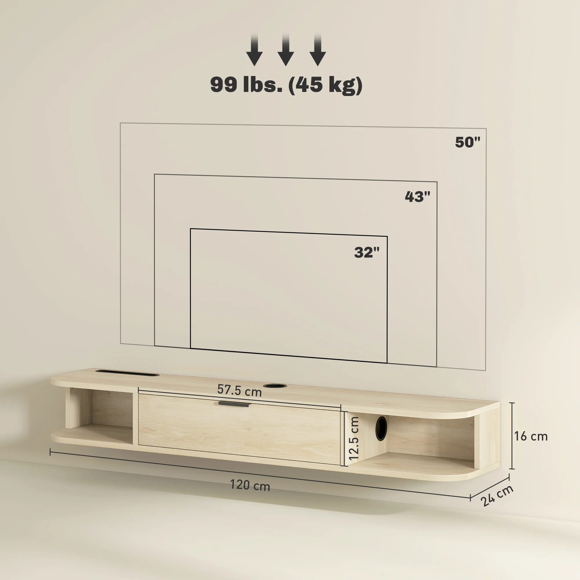 HOMCOM 120 Cm Floating TV Unit With Flip Drawer And Shelves, Natural - Image 5
