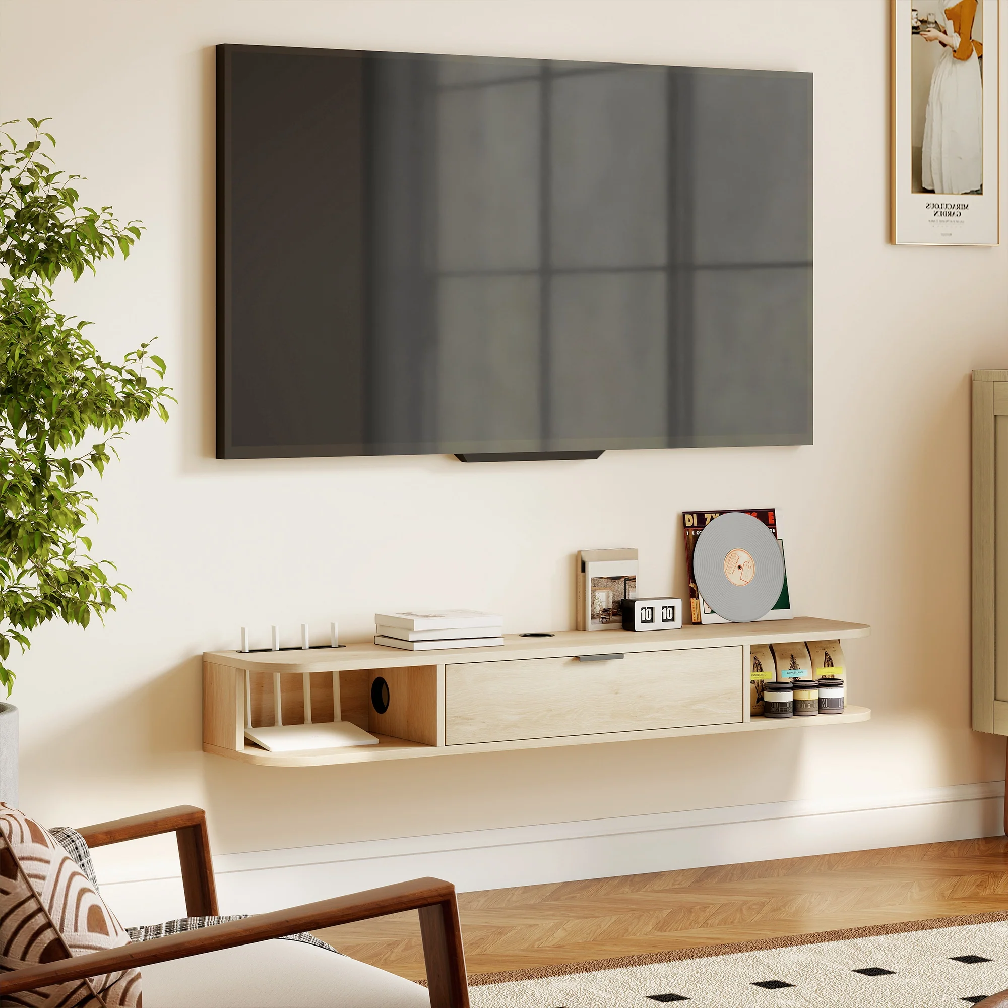 HOMCOM 120 Cm Floating TV Unit With Flip Drawer And Shelves, Natural - Image 9