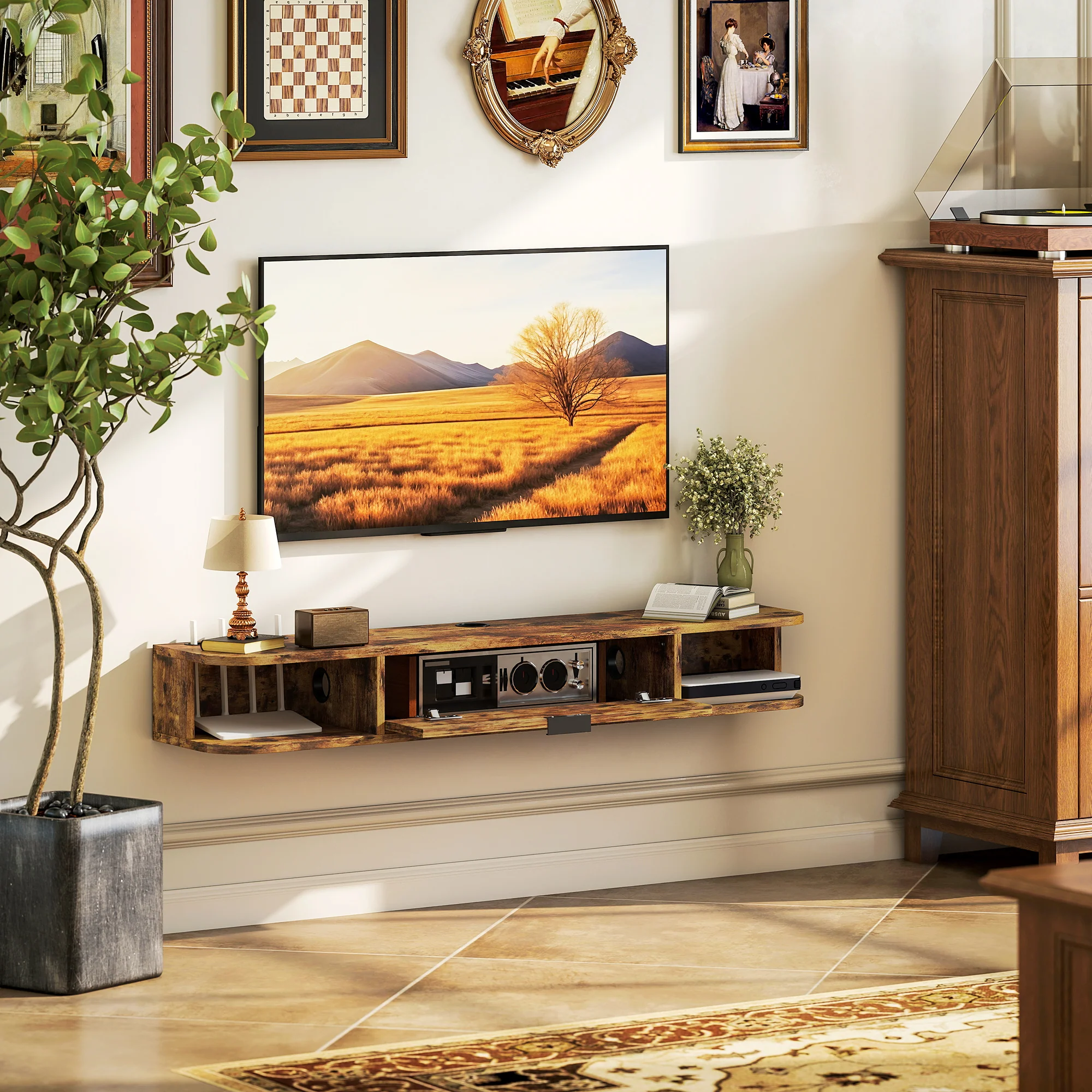 HOMCOM 120 Cm Floating TV Unit With Flip Drawer And Shelves, Rustic Brown - Image 8