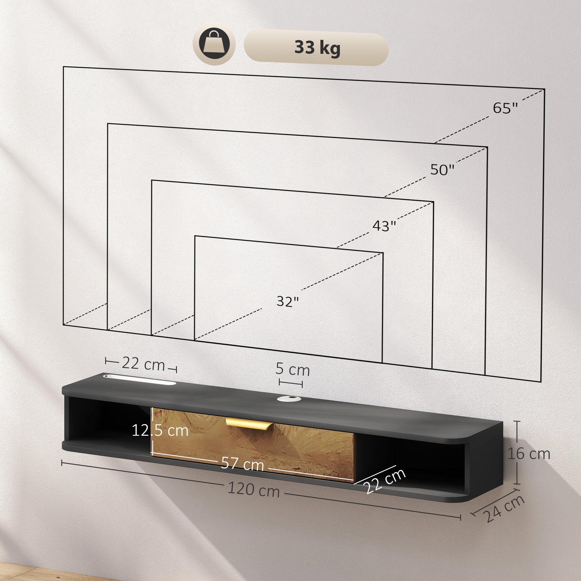 HOMCOM 120 cm Floating TV Unit with Storage Entertainment Media Console Grey - Image 5