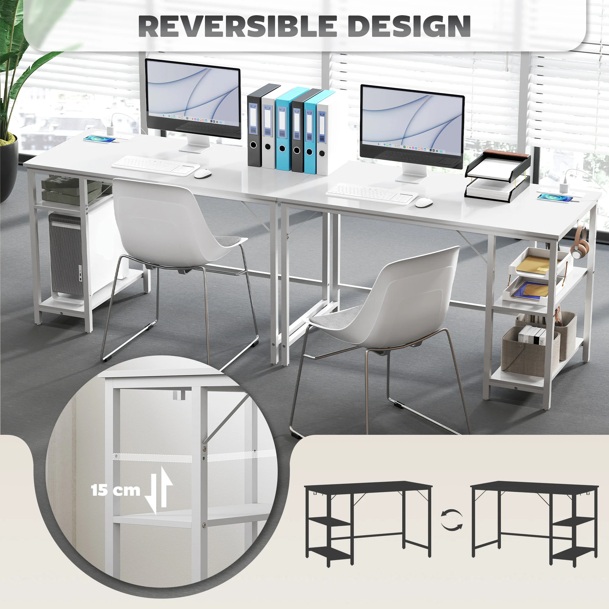 HOMCOM 120 x 60 cm Home Office Desk Reversible Study Table for Bedroom White - Image 4
