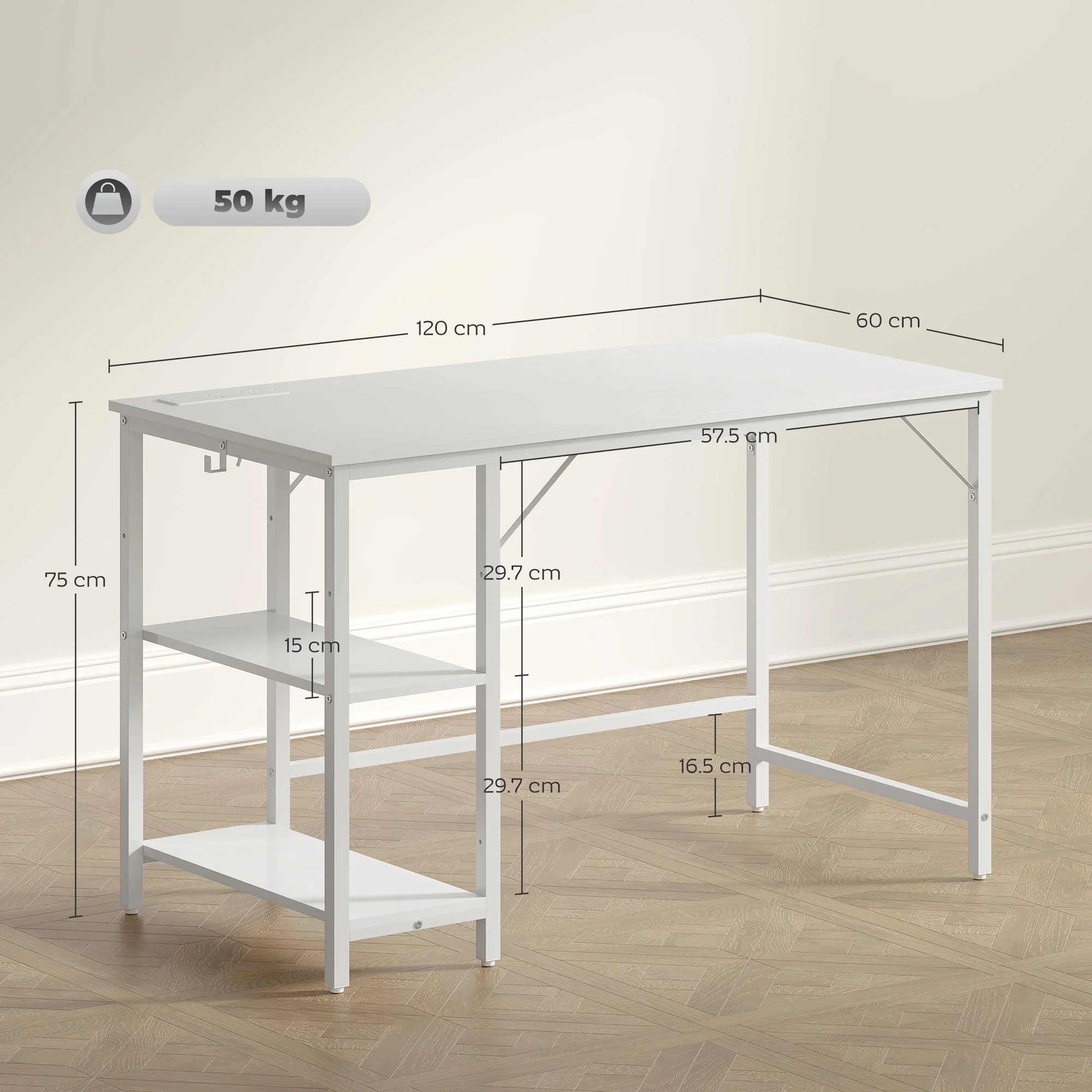 HOMCOM 120 x 60 cm Home Office Desk Reversible Study Table for Bedroom White - Image 5