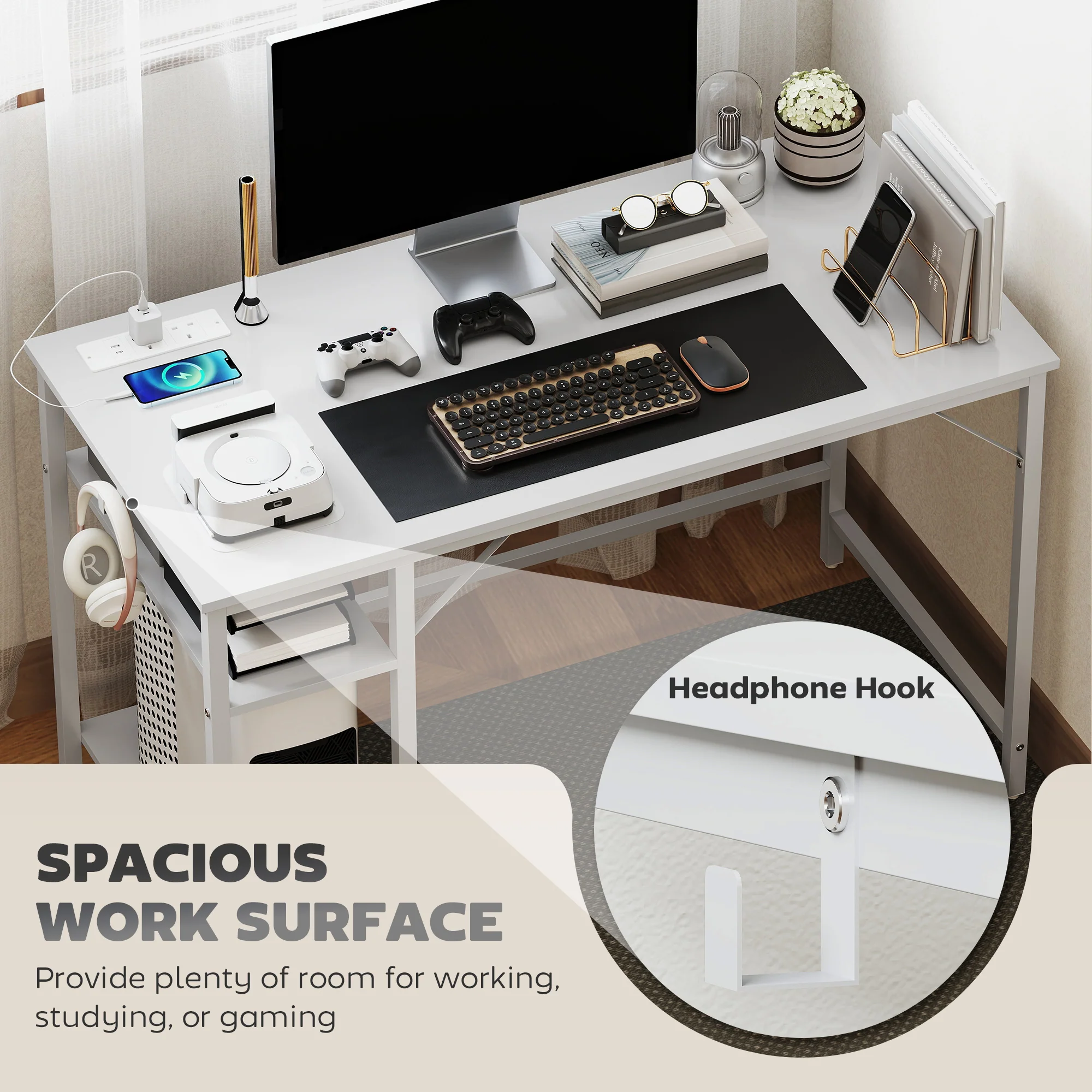 HOMCOM 120 x 60 cm Home Office Desk Reversible Study Table for Bedroom White - Image 6
