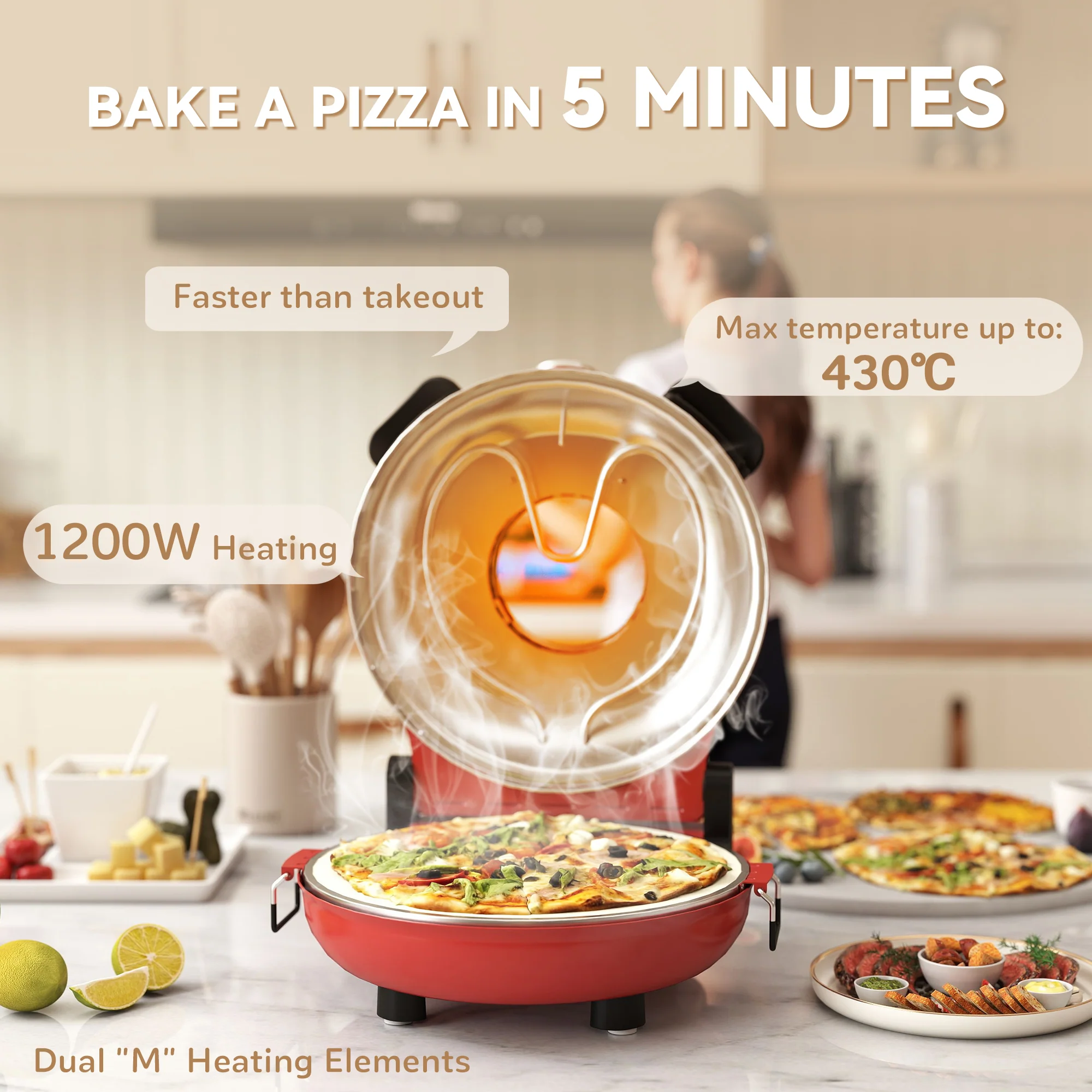 HOMCOM 1200W Pizza Oven, Pizza Maker, 5-Min Crisp, Dual Knob Control - Image 12