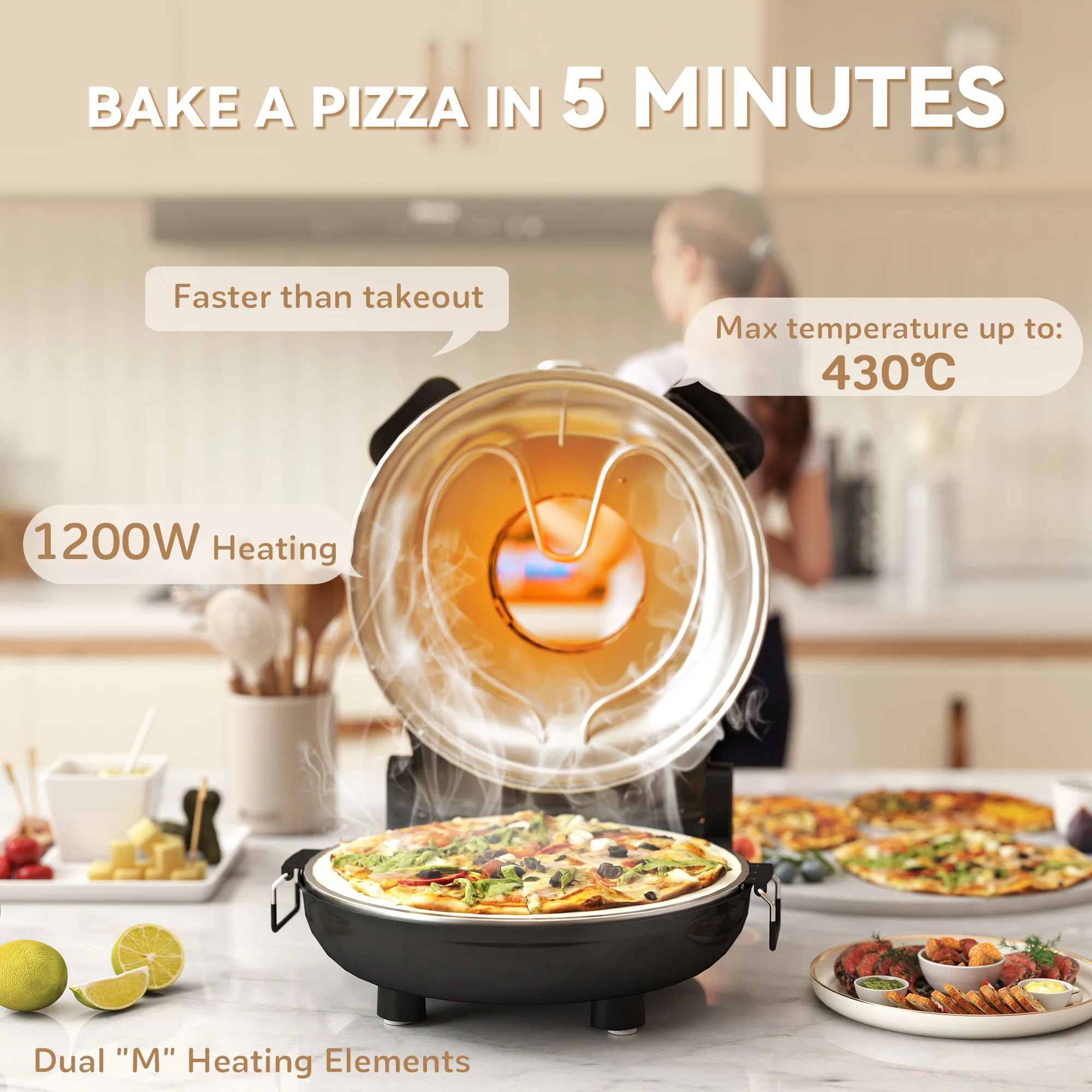 HOMCOM 1200W Pizza Oven, Pizza Maker, 5-Min Crisp, Dual Knob Control - Image 3