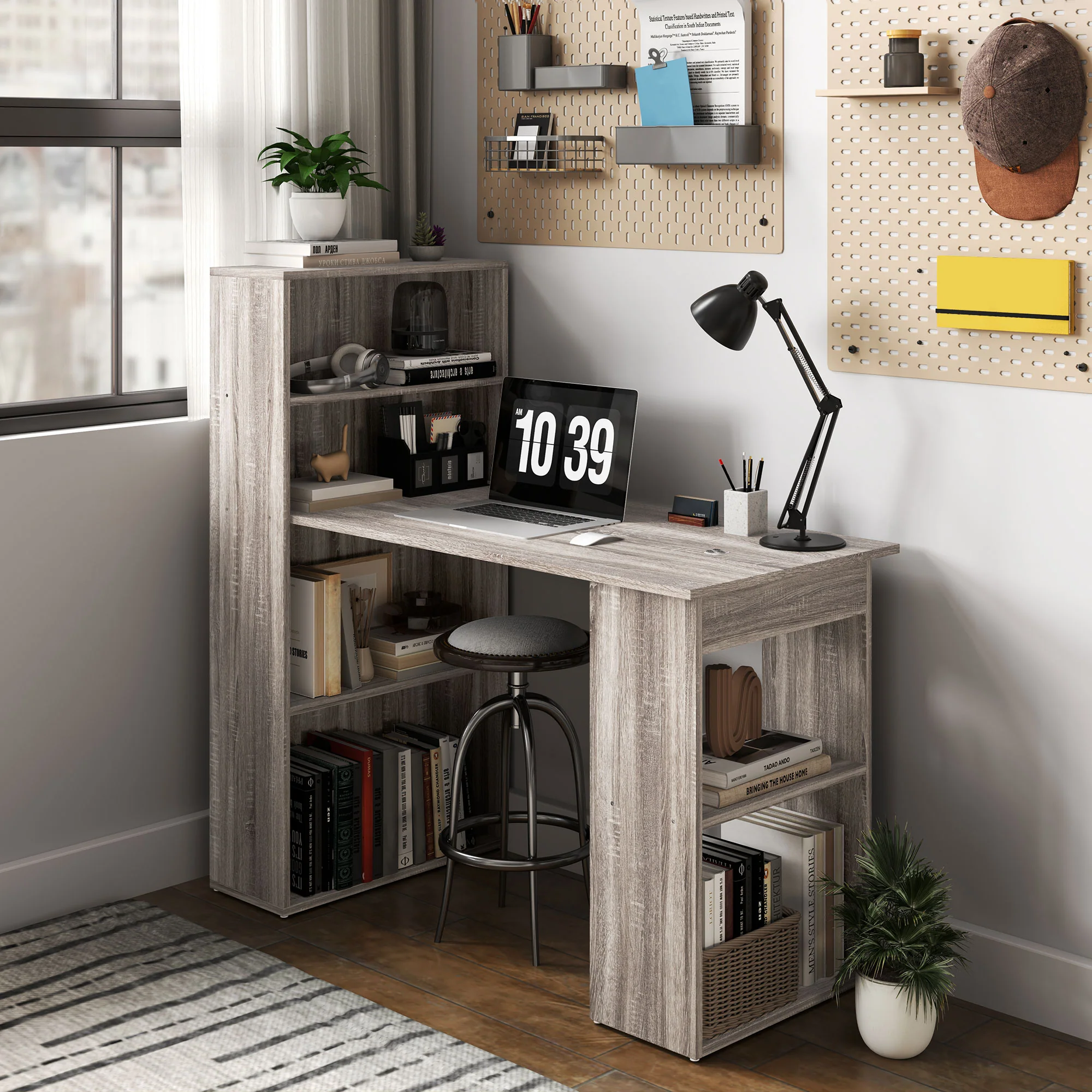 HOMCOM 120cm Computer Desk Bookshelf Writing Table Workstation 6 Shelves Grey - Image 6