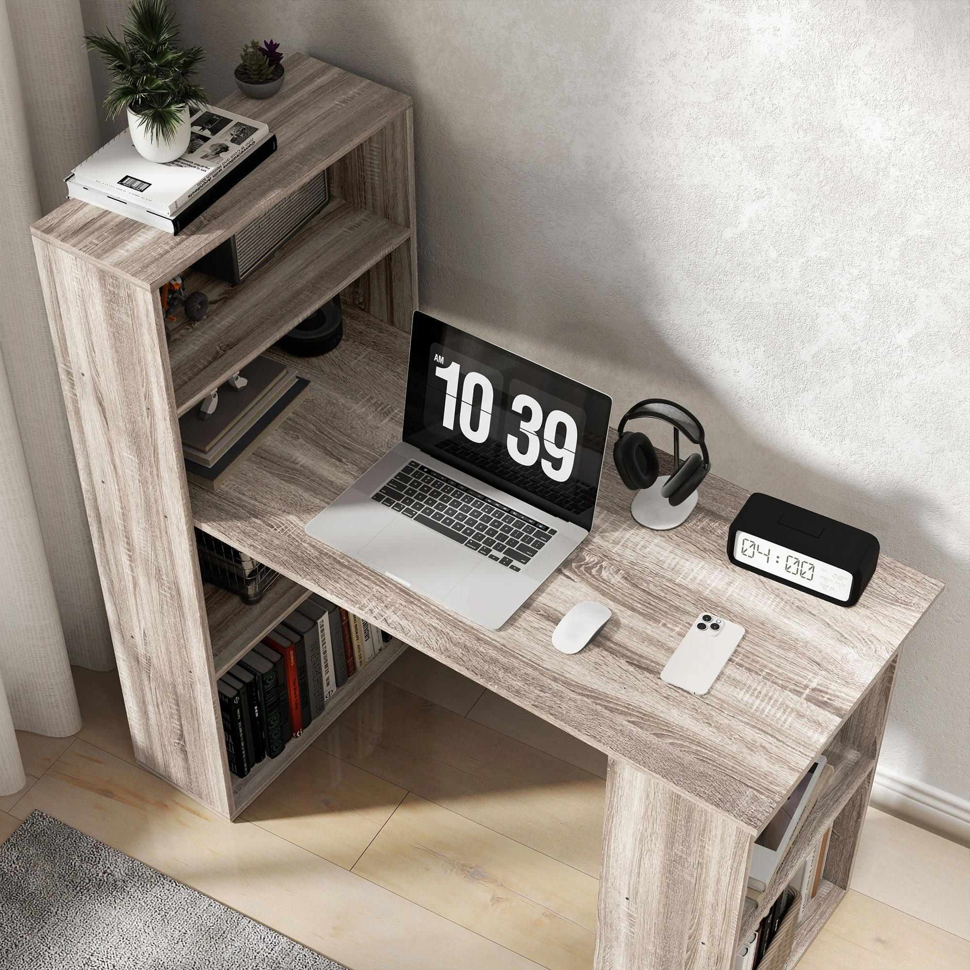 HOMCOM 120cm Computer Desk Bookshelf Writing Table Workstation 6 Shelves Grey - Image 8